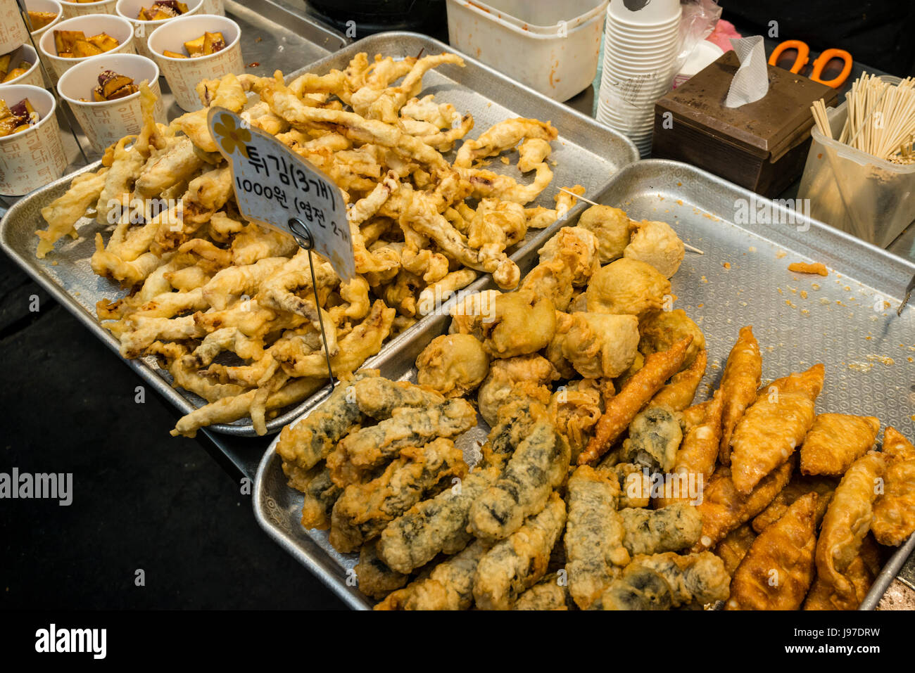 Korean dish Tuigim. Various ingredients coated in batter and deep fried