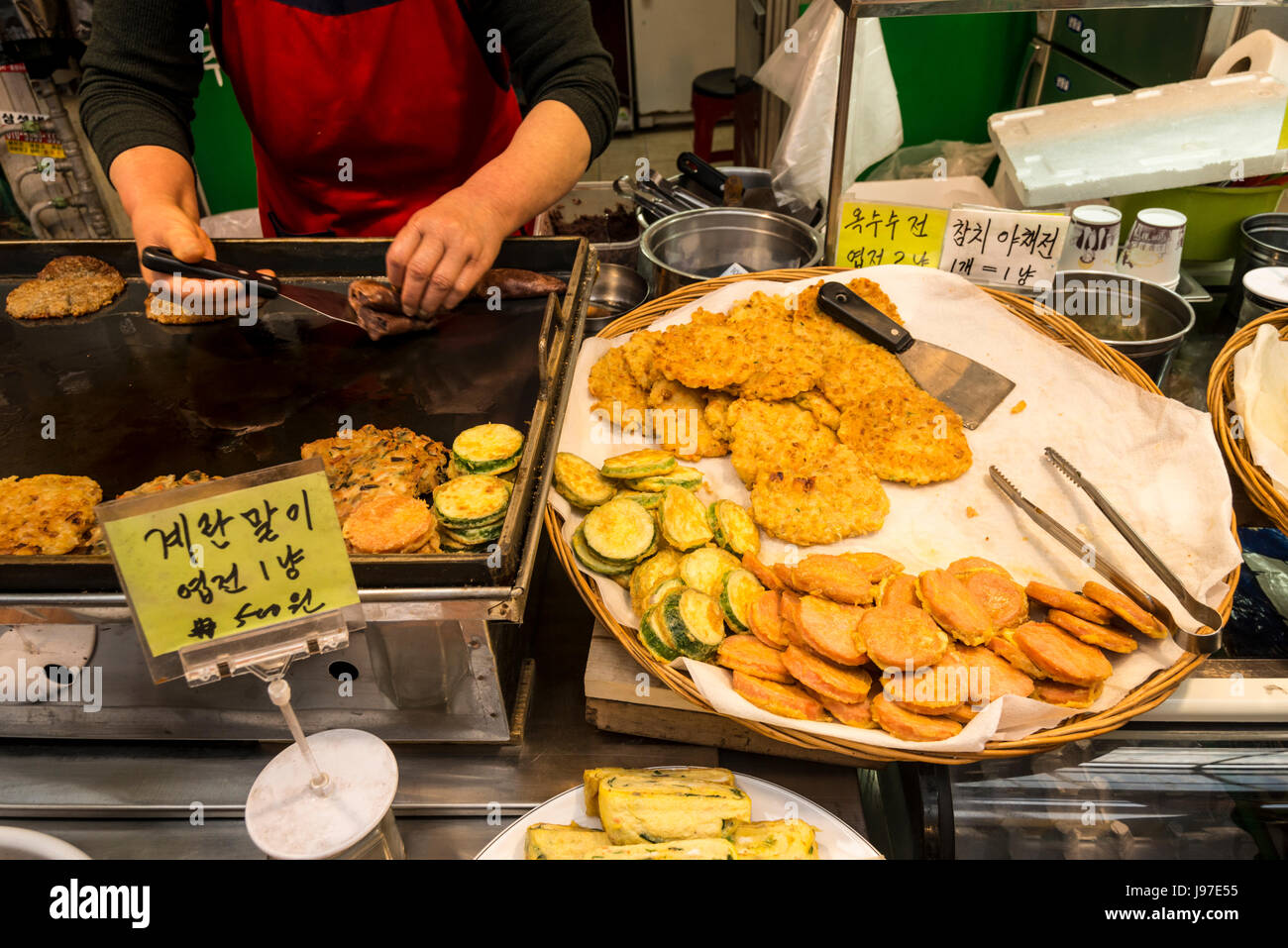 Korean dish.  Various ingredients coated in wheat flour and egg, then pan fried. South Korea Stock Photo