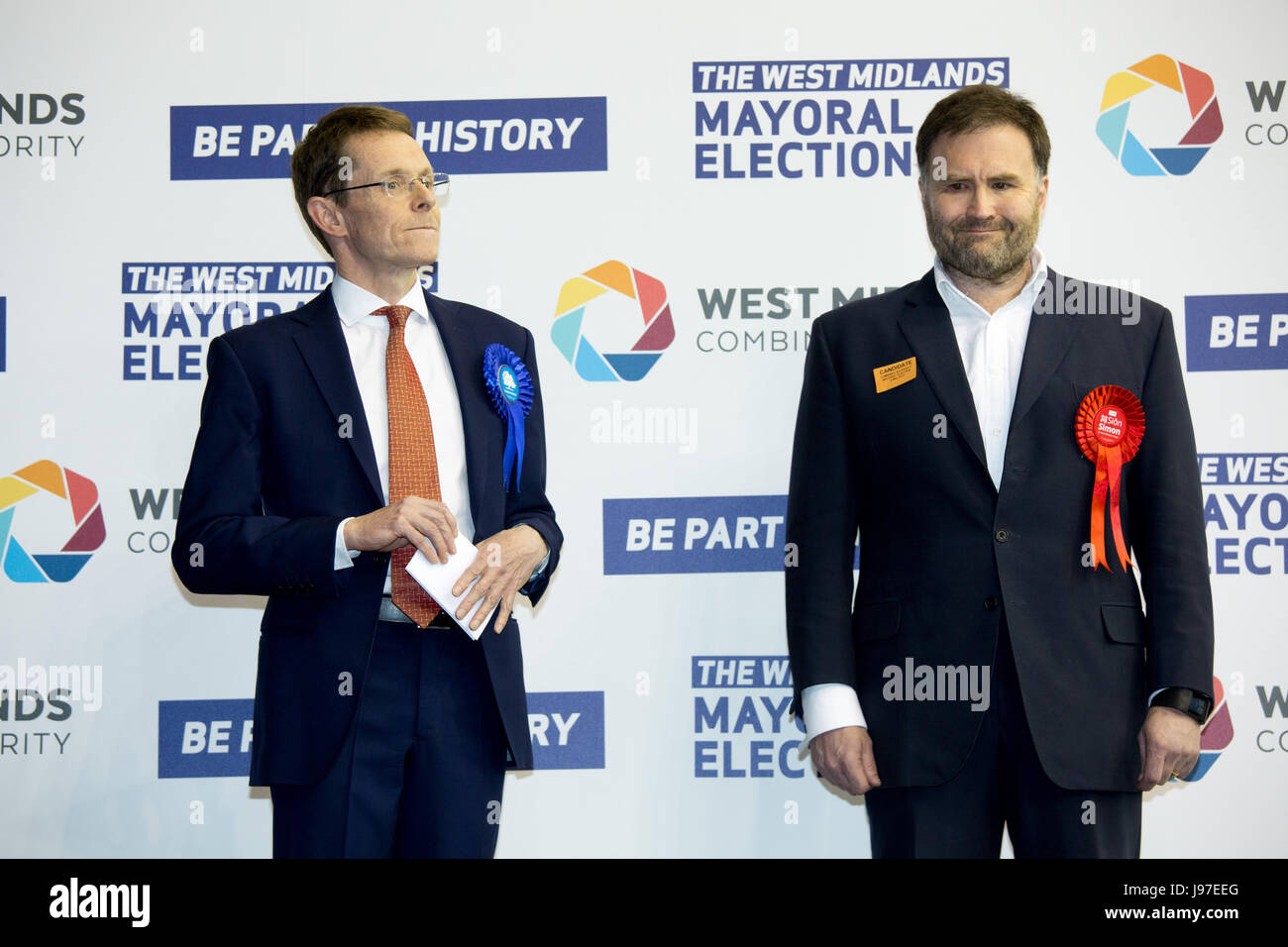 Conservative candidate Andy Street, left, watched by Siôn Simon, right after being elected as the first mayor for the West Midlands combined authority Stock Photo