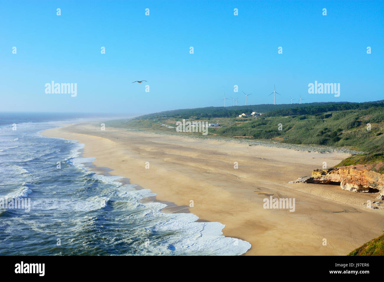 Praia do Norte beach in front of the Atlantic Ocean. Nazare, Portugal Stock Photo