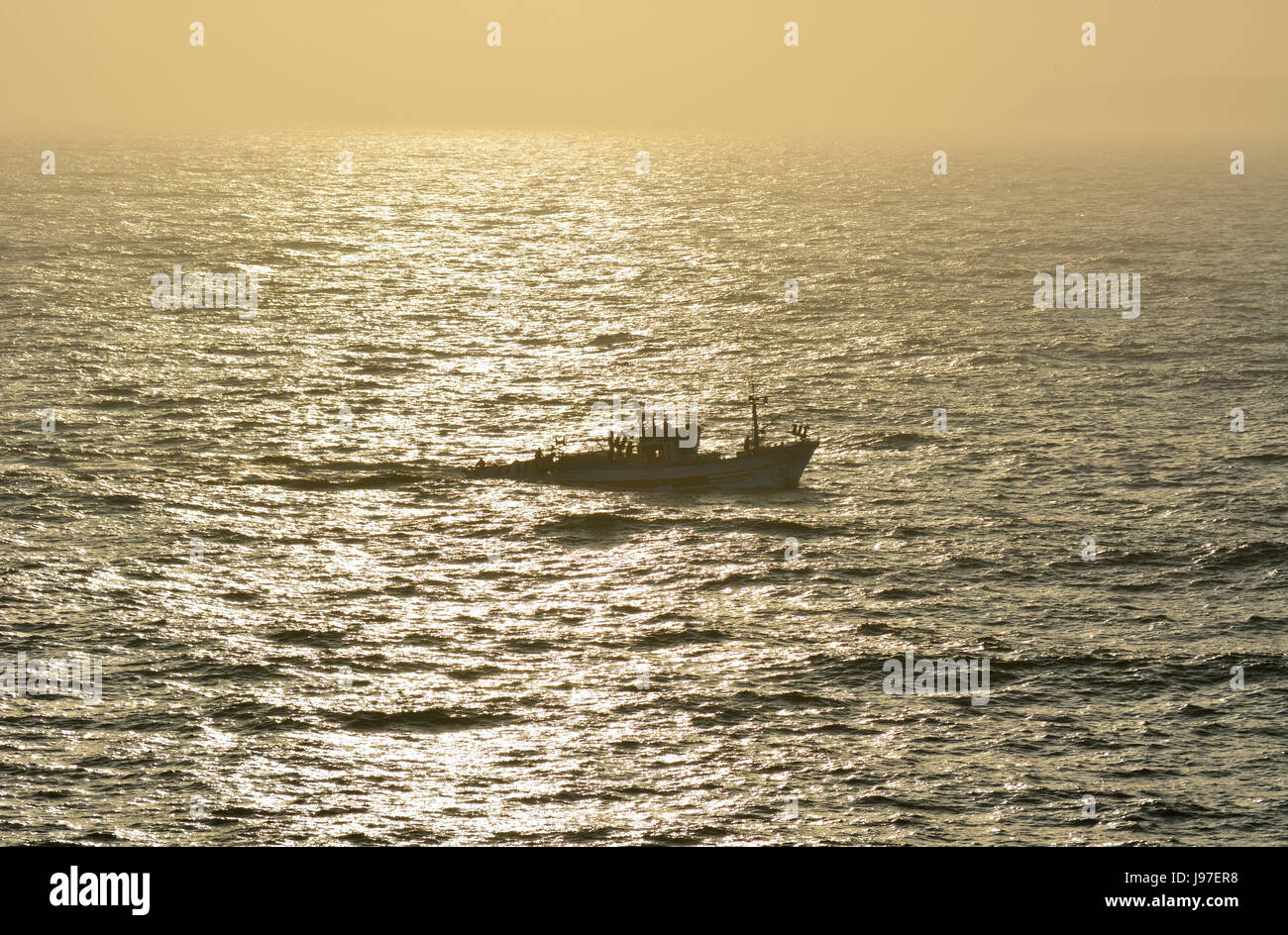 A traditional fishing boat (traineira) going out to the Atlantic Ocean at sunset. Peniche, Portugal Stock Photo