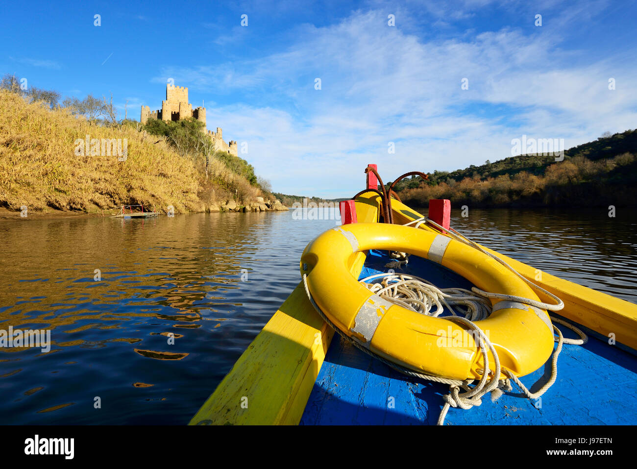 On a boat to reach the 12th century Templar castle of Almourol, in the middle of an island in the Tagus river, Portugal Stock Photo