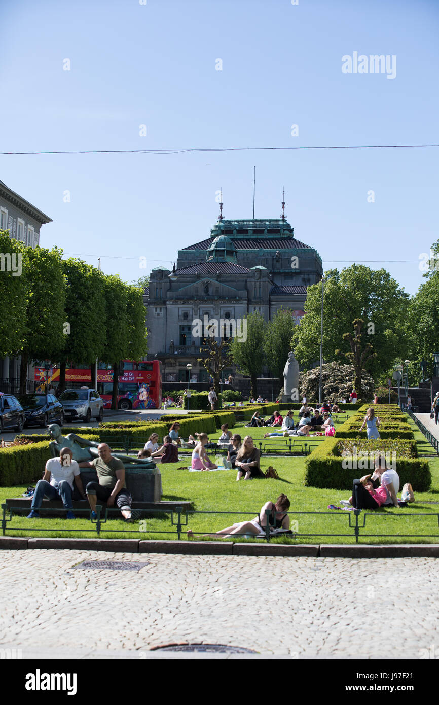 BERGEN, NORWAY - MAY 27, 2017: The inhabitants of Bergen enjoy the sun in parks and places. Such days do not have too many of them in Bergen in a year Stock Photo