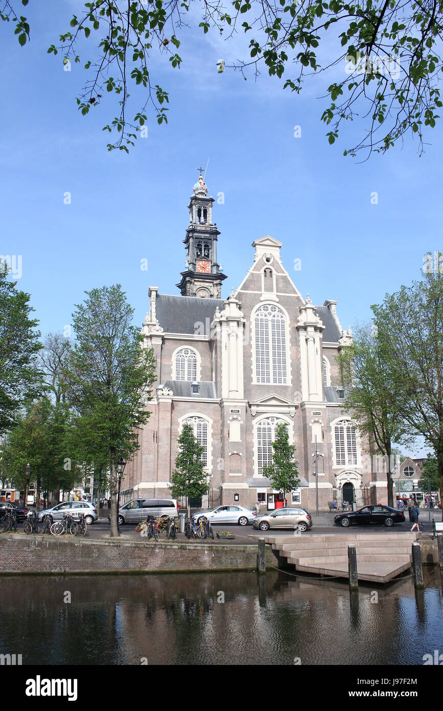 17th century Westerkerk ('Western church'), Dutch Protestant church, Amsterdam Jordaan district, between Prinsengracht & Keizersgracht canal. Stock Photo