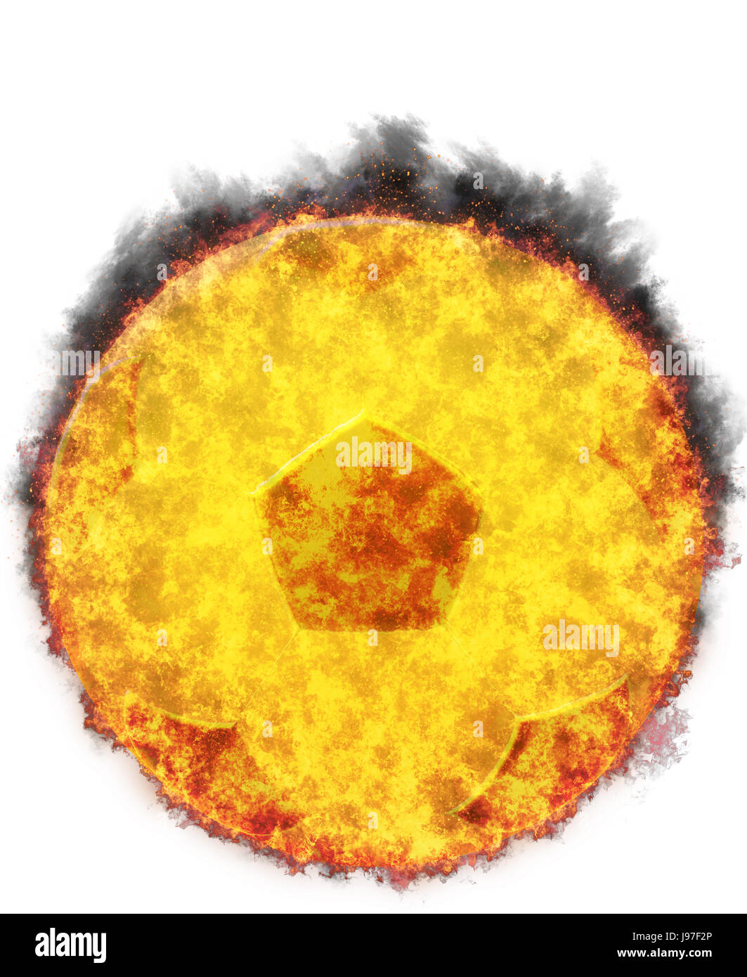 Gold Soccer Ball, bursted into flames, isolated against the white background Stock Photo