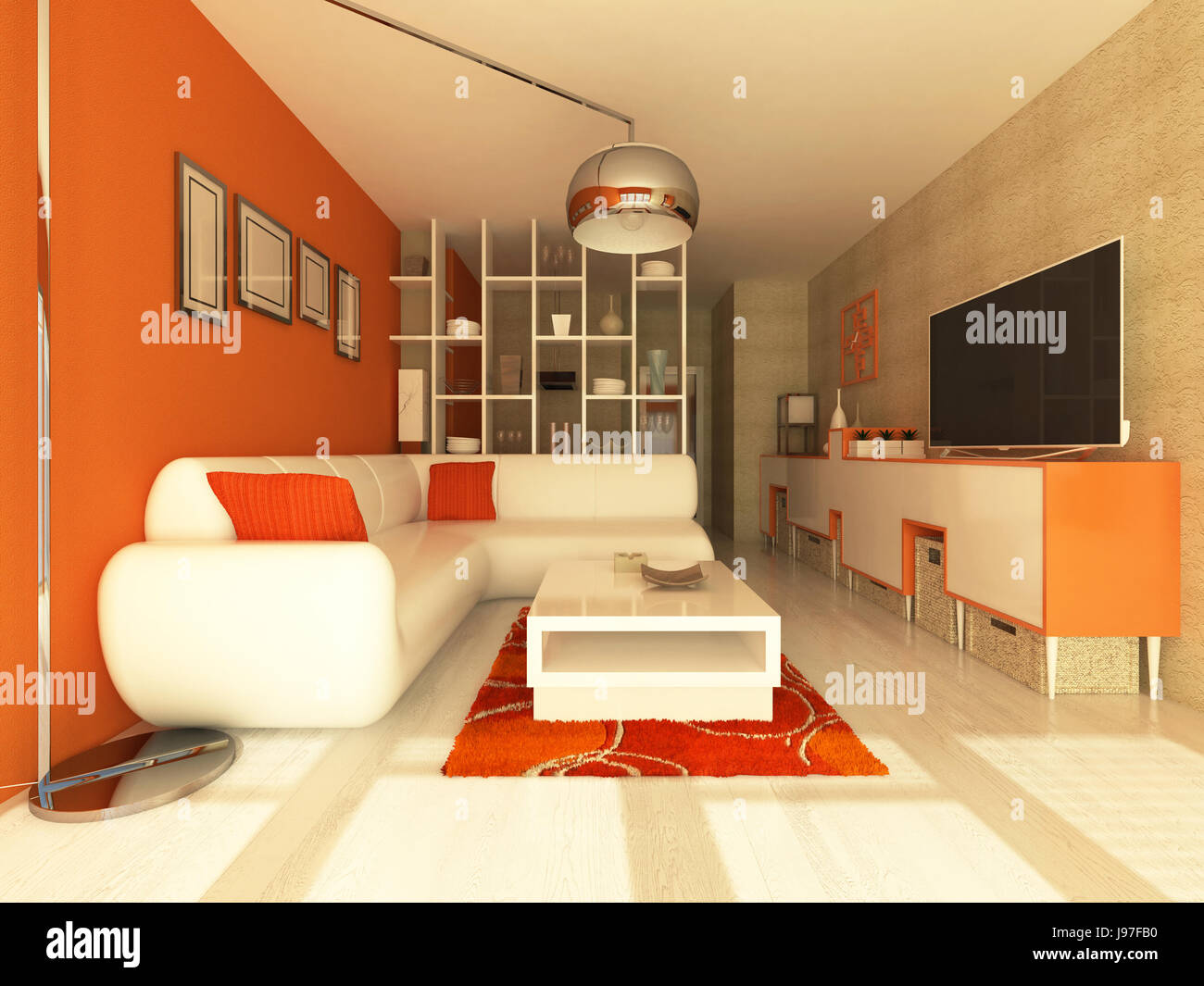 Beautiful modern living room interior with orange walls and white ...