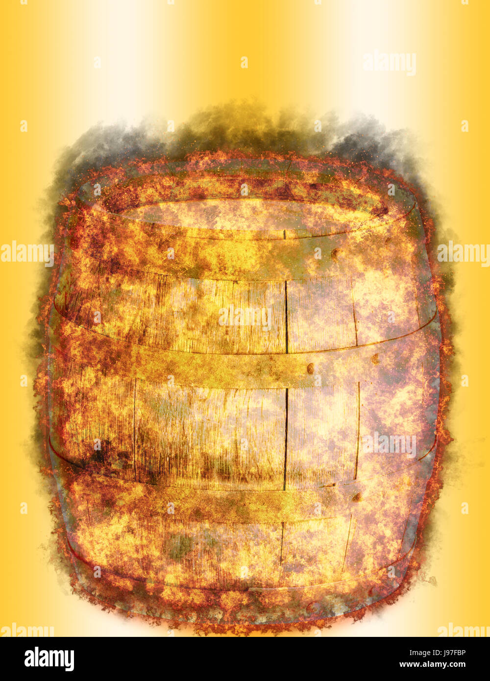 Burning wood barrel, bursted into flames, isolated against the golden background Stock Photo