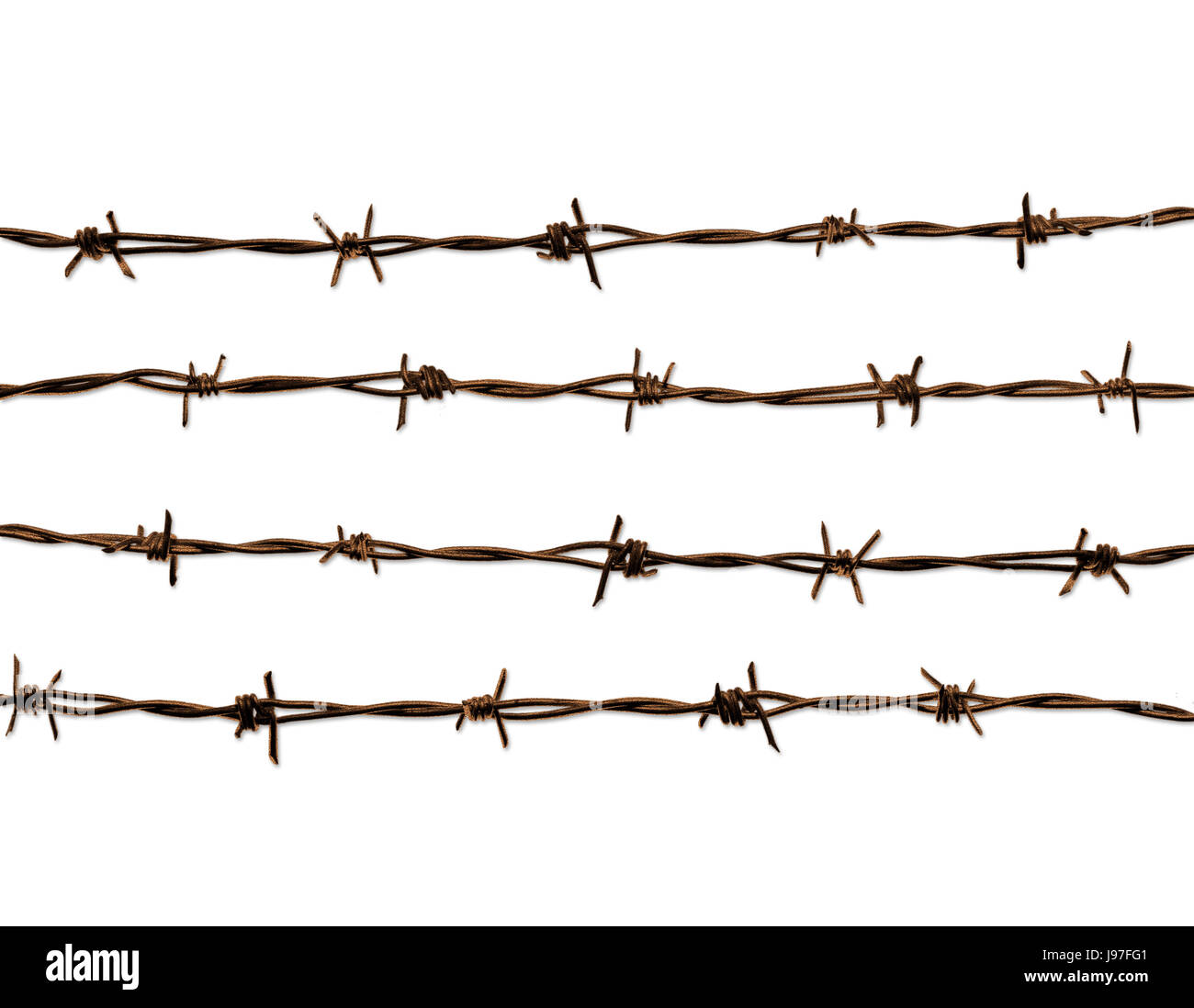 4 lines of  old and rusty barbed wire isolated against the white background Stock Photo