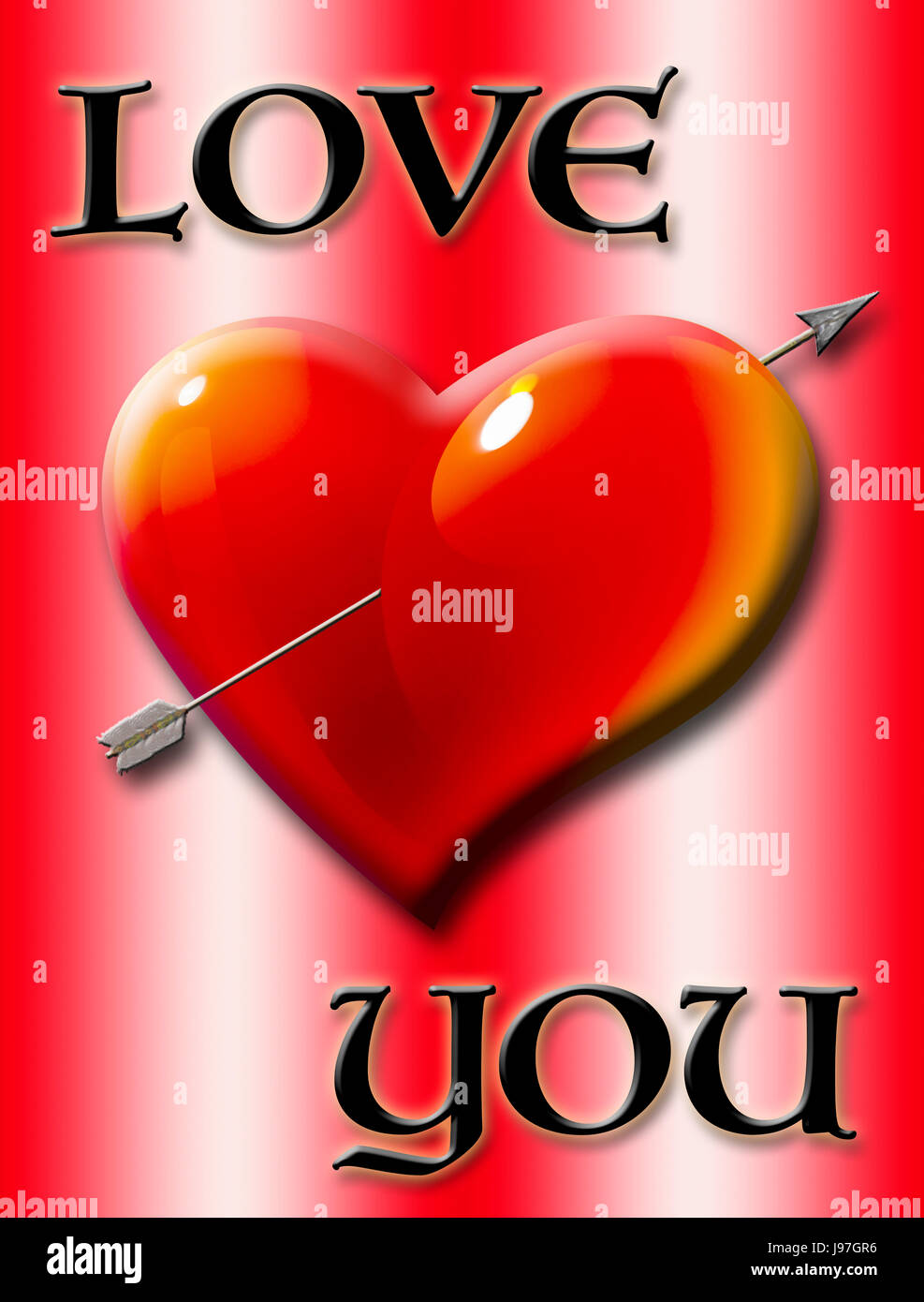 Love you, bright red and shiny heart with arrow, isolated against the red  colored background Stock Photo