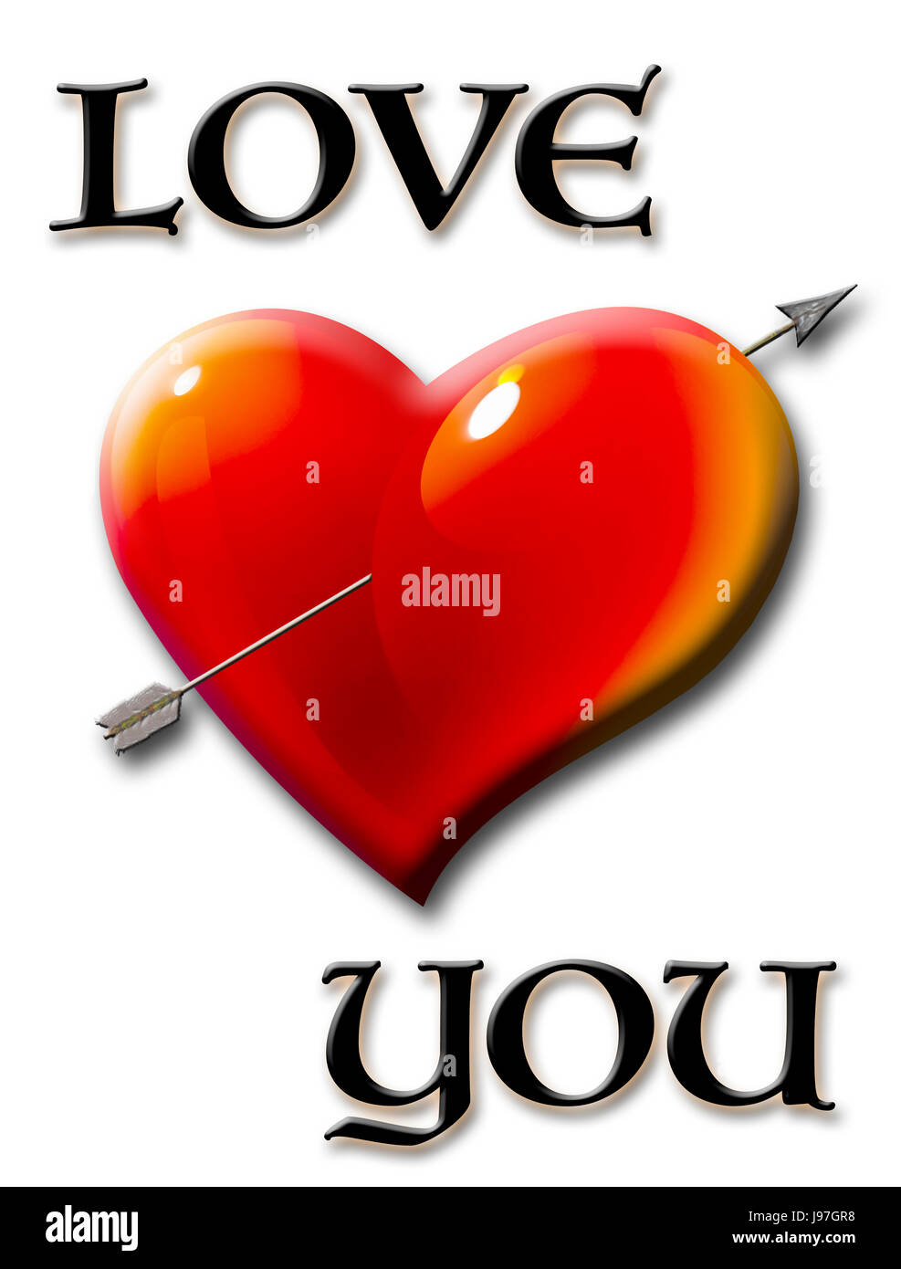 Love you, bright red and shiny heart with arrow, isolated against the white  colored background Stock Photo