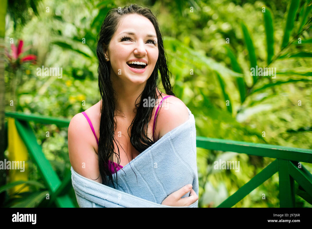 Caribbean Islands, Saint Lucia, Woman with wet hair wrapped in towel