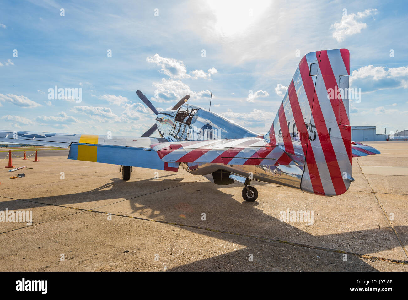 Parked vintage American P-51 Mustang fighter airplane, the Betty Jane,  from WWII era. Stock Photo