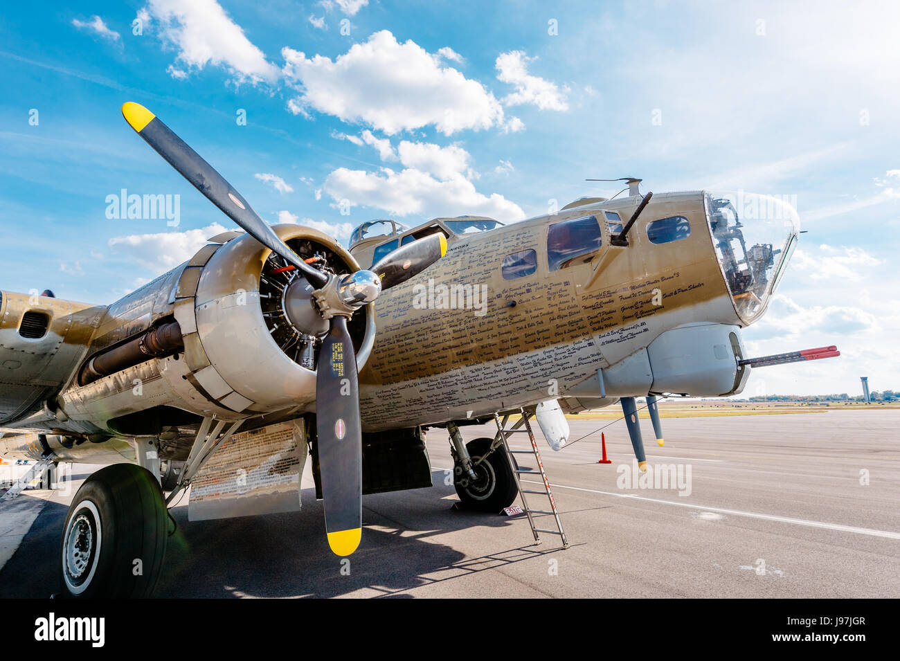 Restored WWII bomber, a B-17 Flying Fortress, on static display at the Montgomery, Alabama Airport, part of a a flying museum on tour. Stock Photo