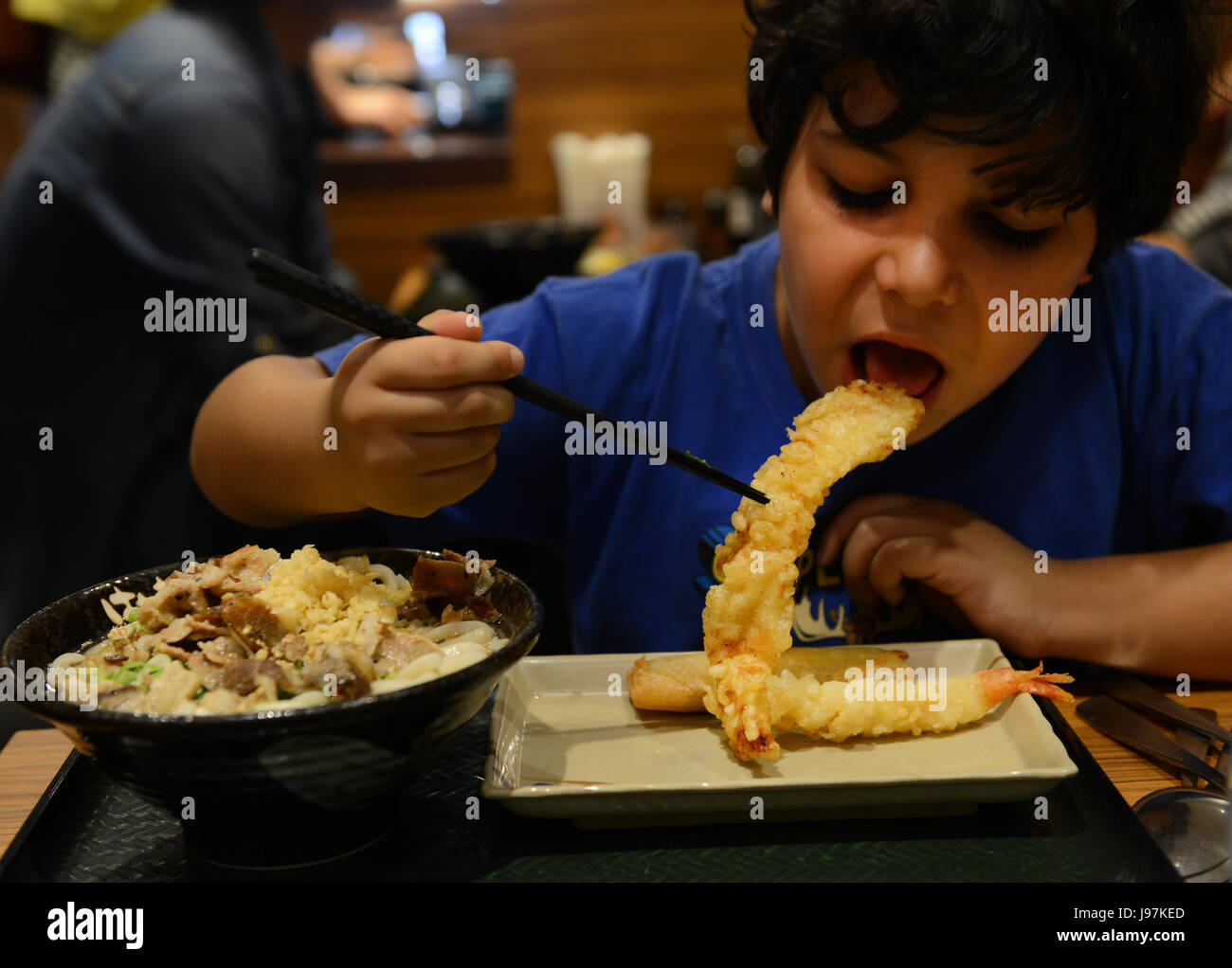 A boy enjoying ebi tempura ( prawns ) in a tempura & Udon restaurant in