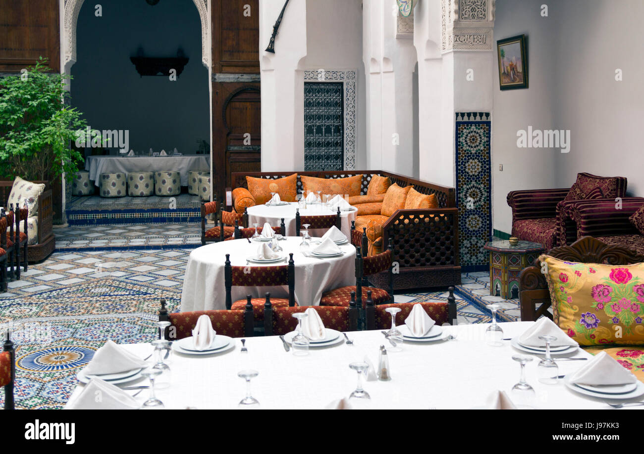 Set tables in a traditional restaurant in Fes, Morocco Stock Photo Alamy