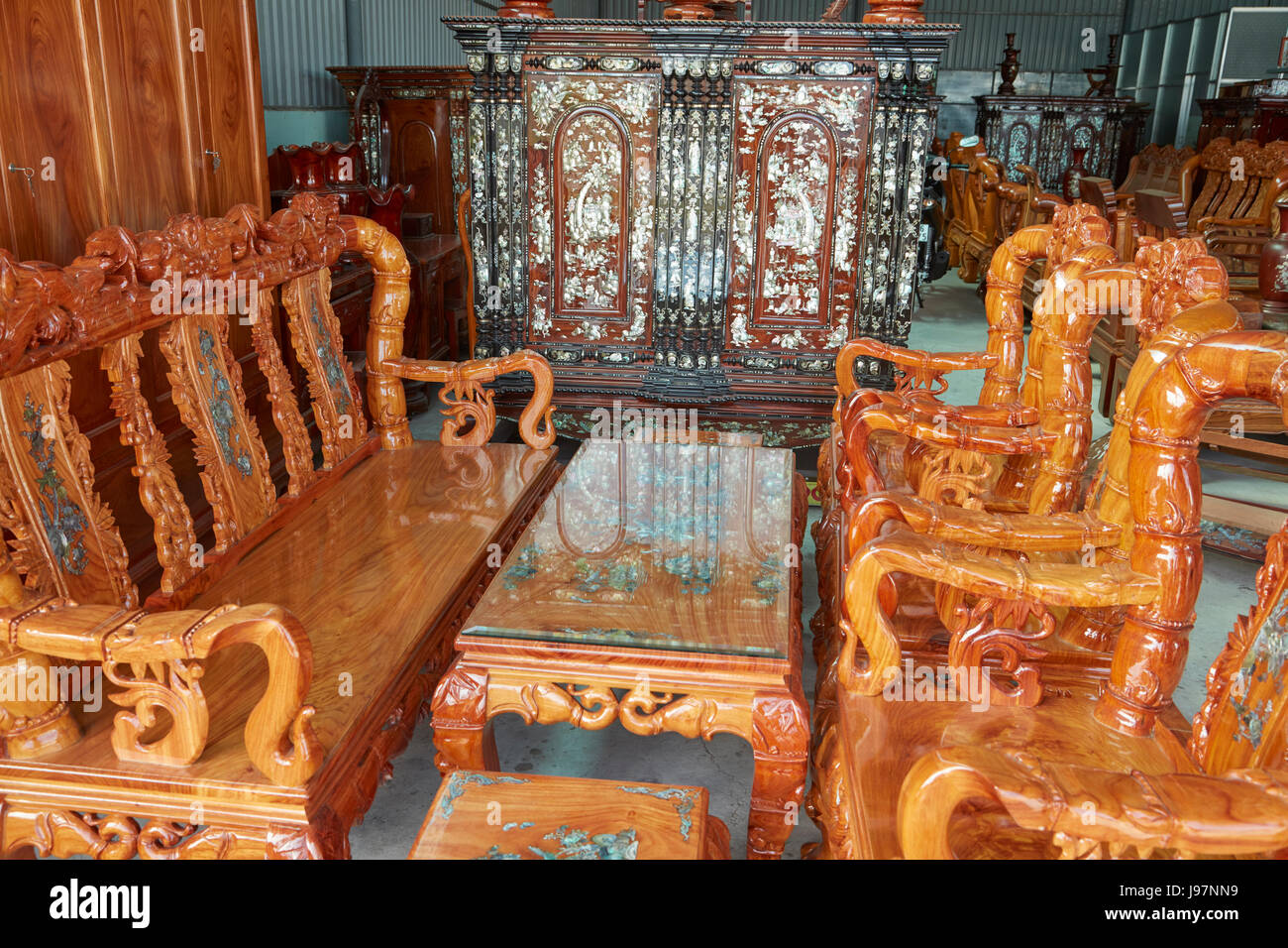 Handmade inlaid mother of pearl furniture being sold near Go Cong, Tien