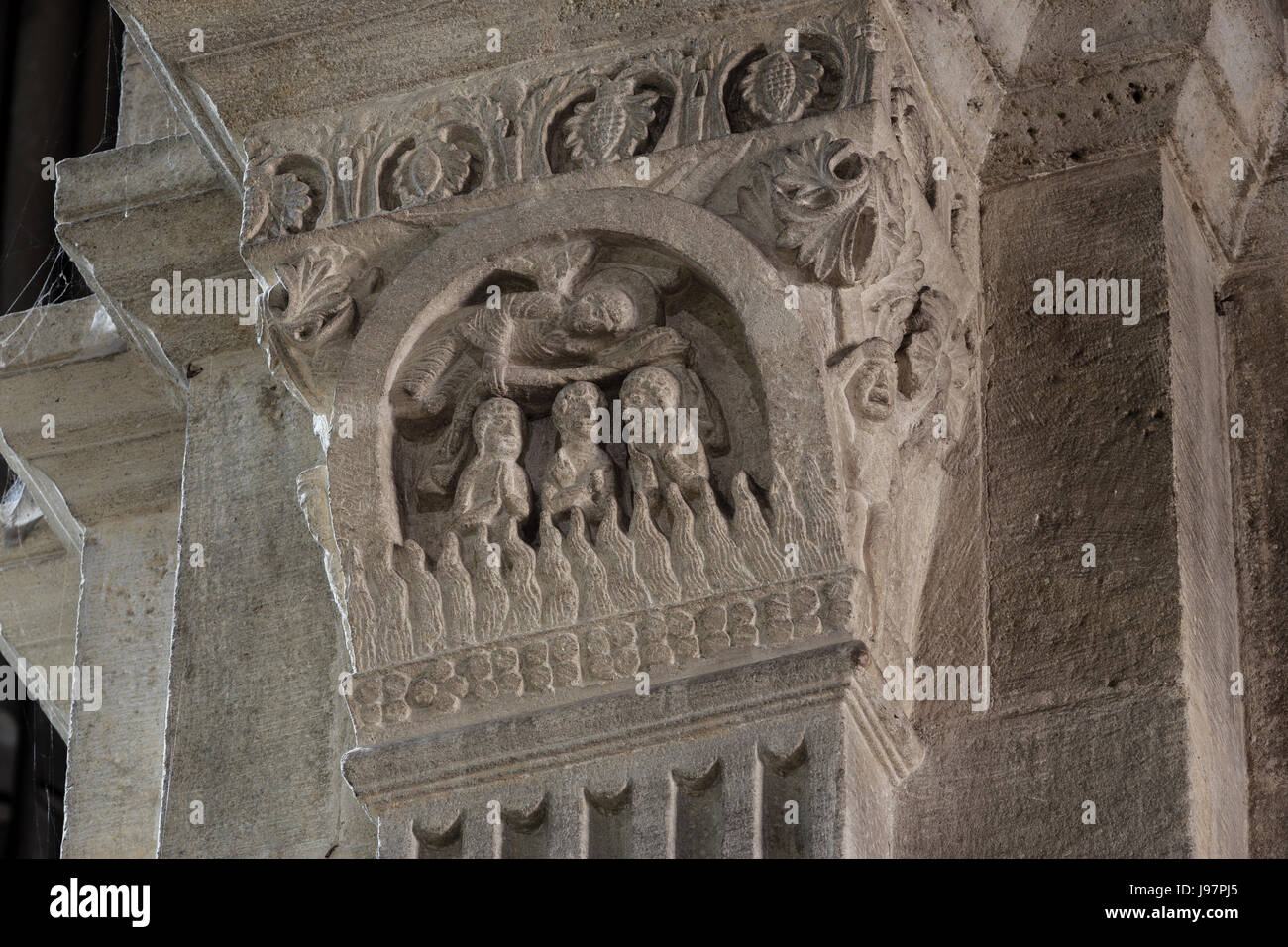France, Saone et Loire, Autun,Saint Lazare Cathedral, capital, three Hebrews in the furnace Stock Photo