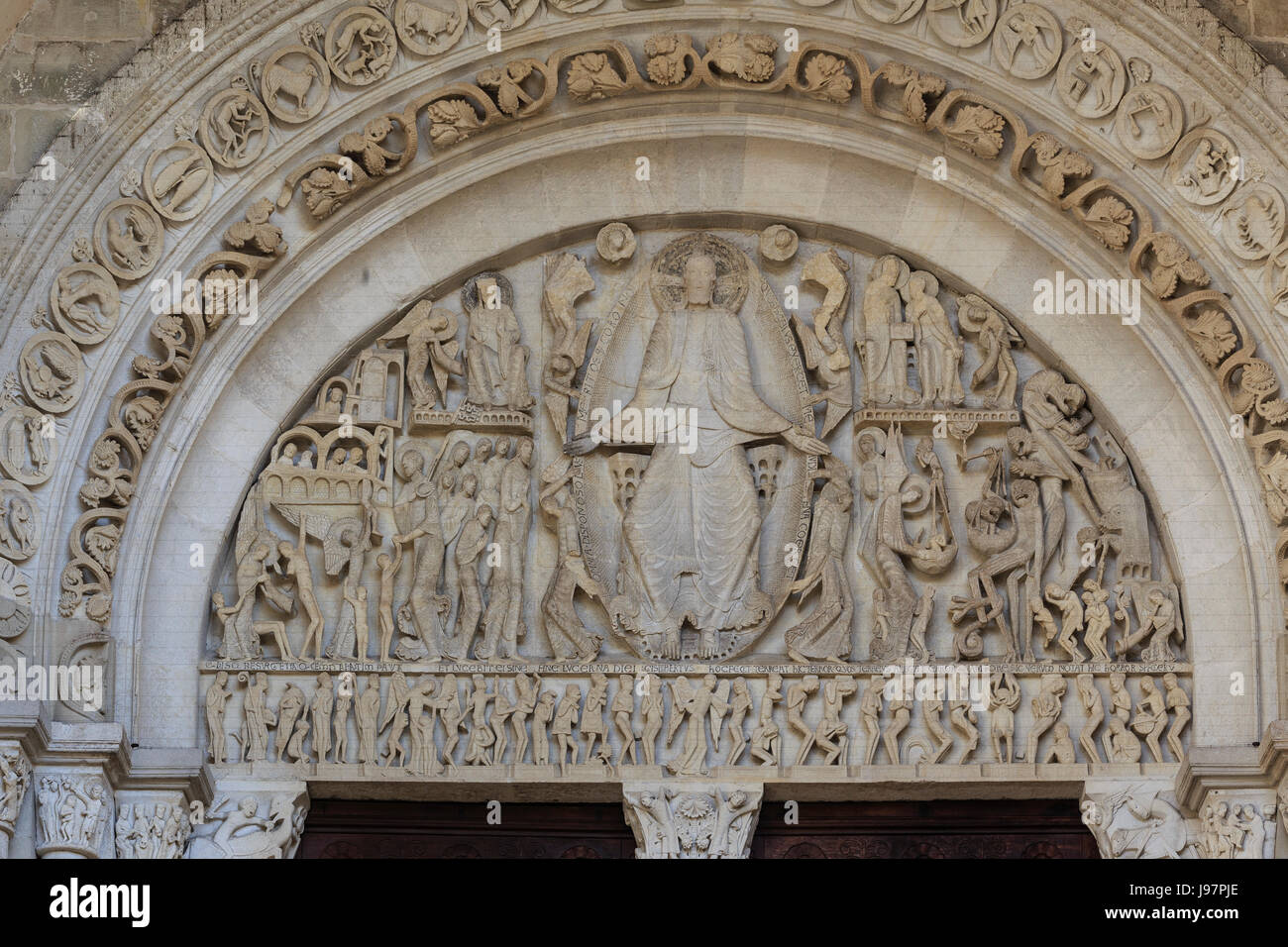 France, Saone et Loire, Autun, Saint Lazare Cathedral, portal and the tympanum of the Last Judgment Stock Photo