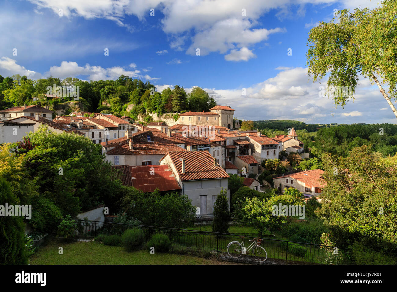 France, Charente, Aubeterre sur Dronne, labelled The Most beautiful Villages of France, the roofs of houses and the castle of the village Stock Photo
