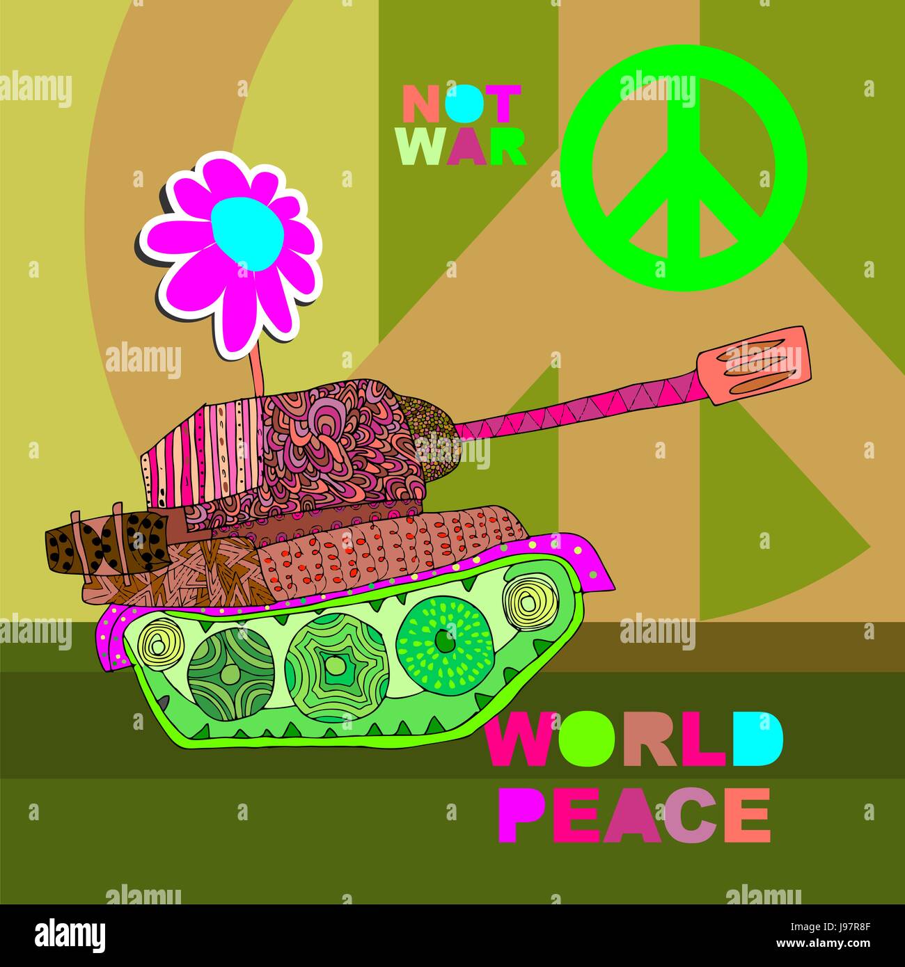 No war Postcard, poster. hippie background. world peace. Cartoon tank Stock Vector