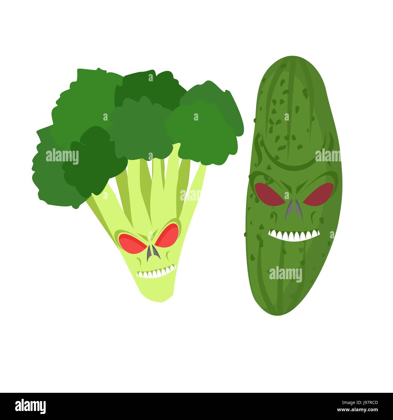 Angry vegetables. Wicked cucumber. Ferocious broccoli. Vector illustration Stock Vector