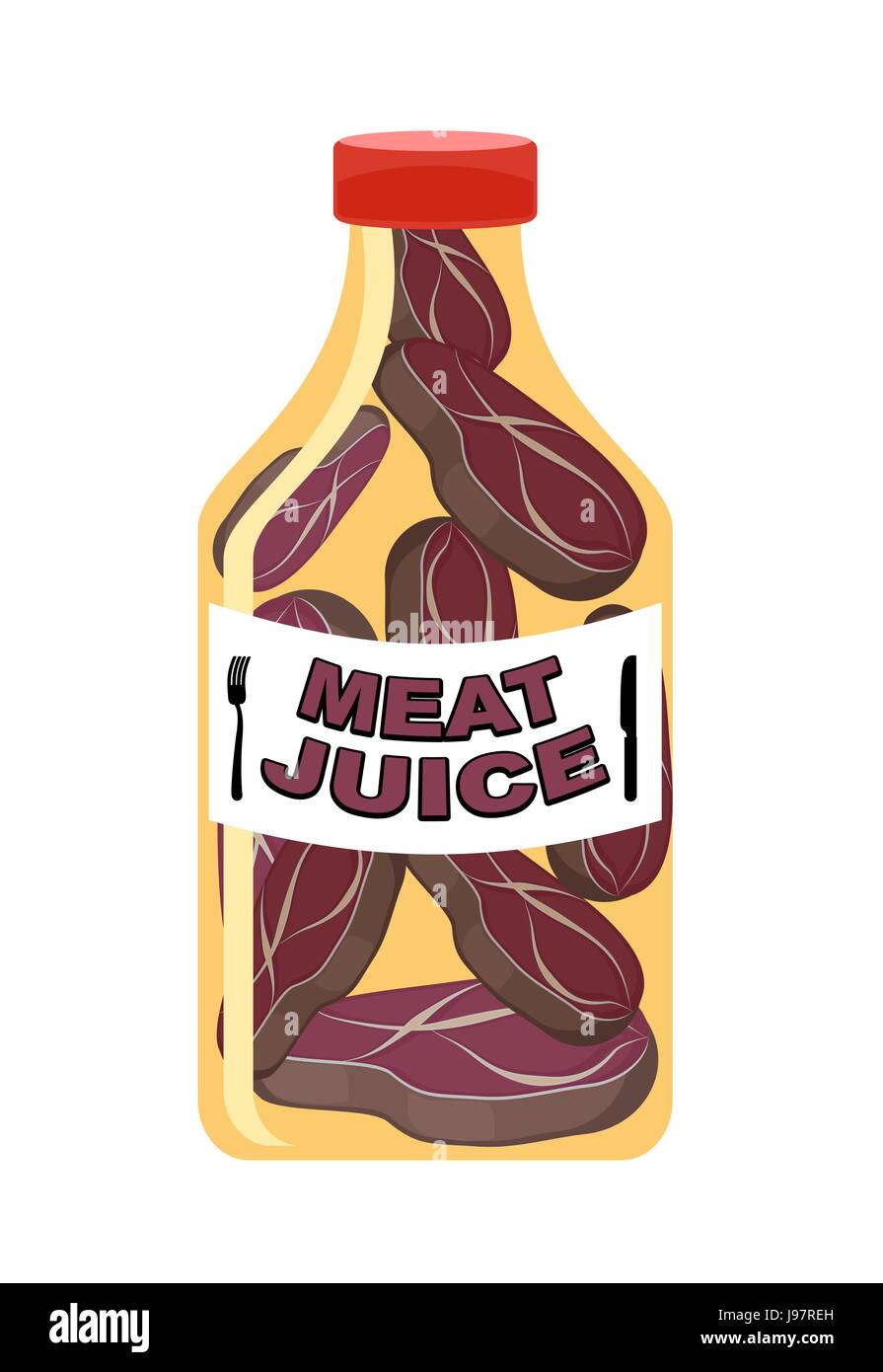 Meat juice in a transparent bottle. Drink for men. Funny cartoon vector illustration. Stock Vector