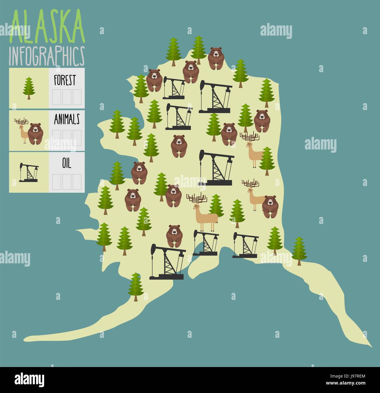 Alaska map. Natural resources: oil and wood. Animals of Alaska bears and moose. Infographics of Alaska. Vector illustration Stock Vector