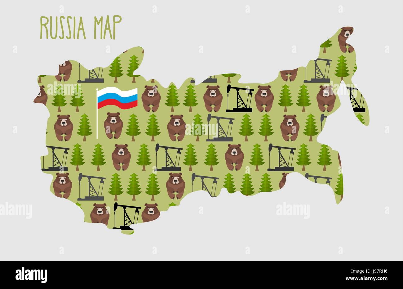 Russia Map with minerals and flora: an oil rig and the forest, and ...