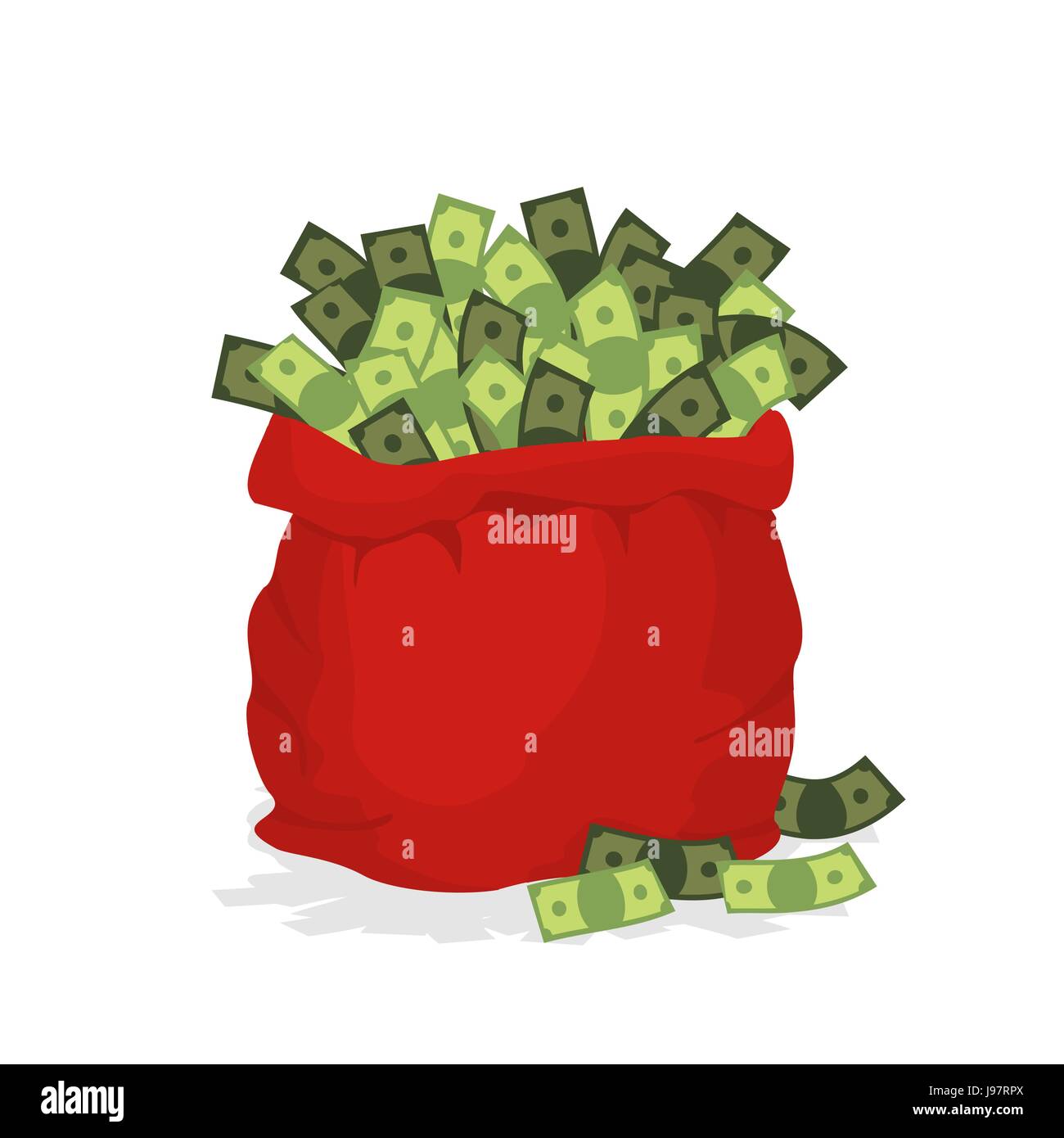 Money bag Santa Claus. Big Red festive bag filled with dollars. Many cash in bag. Illustration for new year and Christmas. Stock Vector