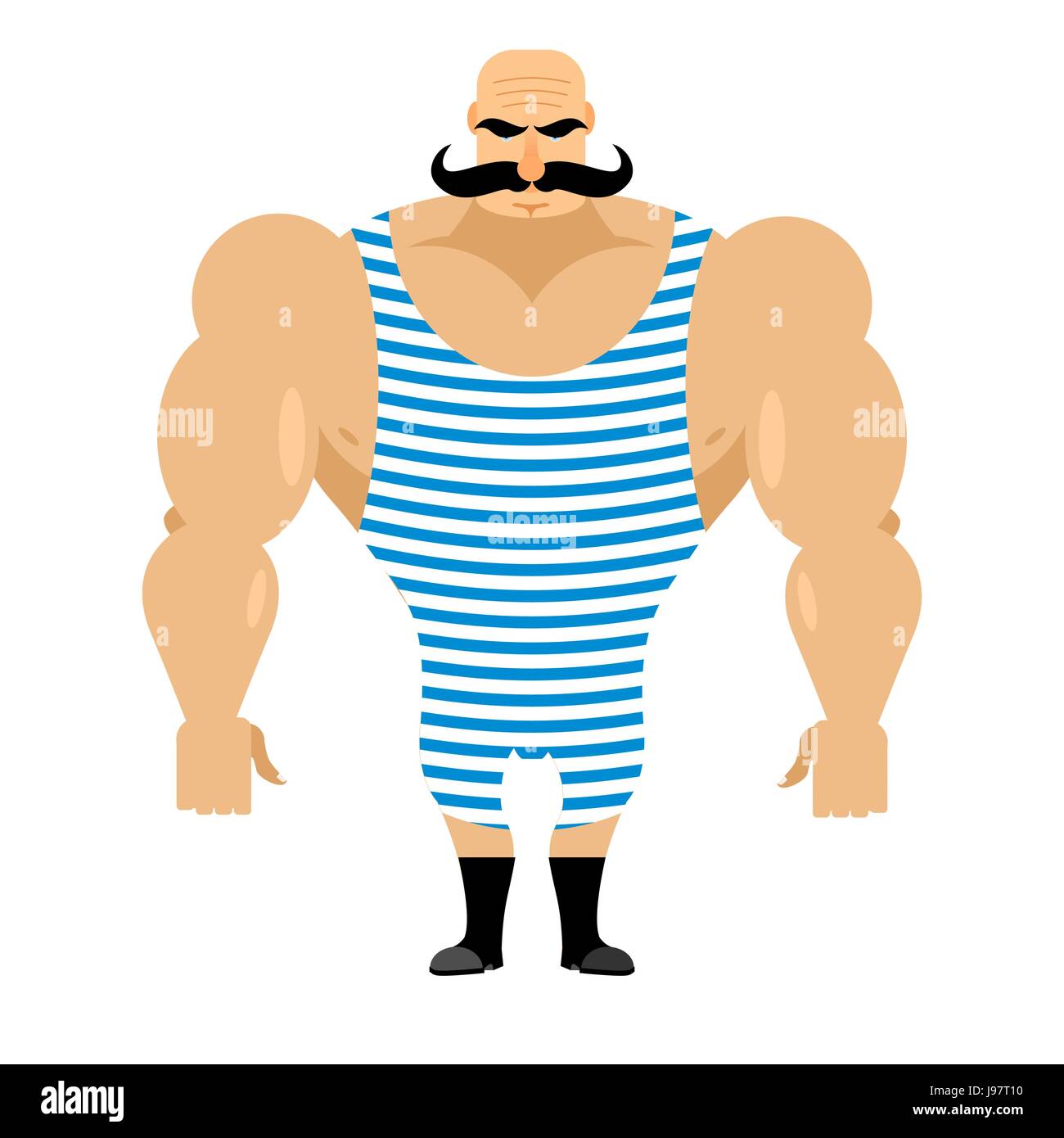 Retro strongman sportsman. Ancient bodybuilder with mustache. Athlete in striped jumpsuit. Strong circus performer. Stock Vector