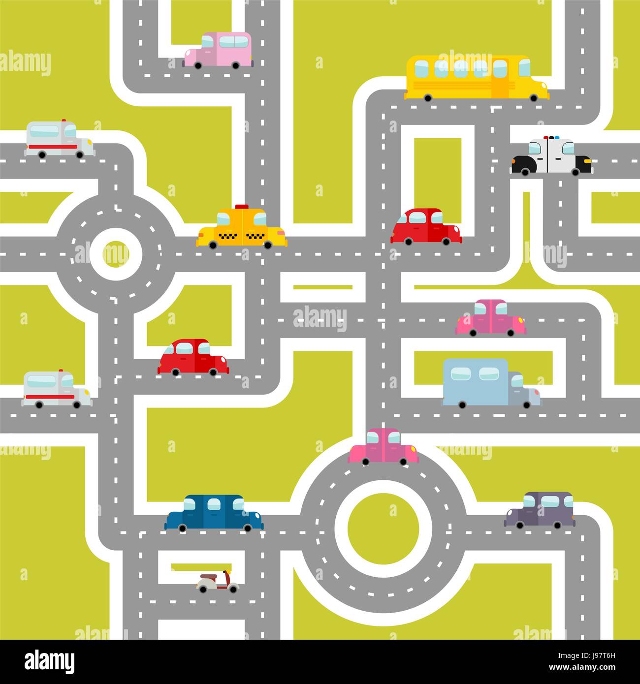 Road and transport seamless pattern. Cartoon map of cars and traffic. Bus and ambulance. Taxis and scooter. Texture of Cars for childrens fabric. Stock Vector