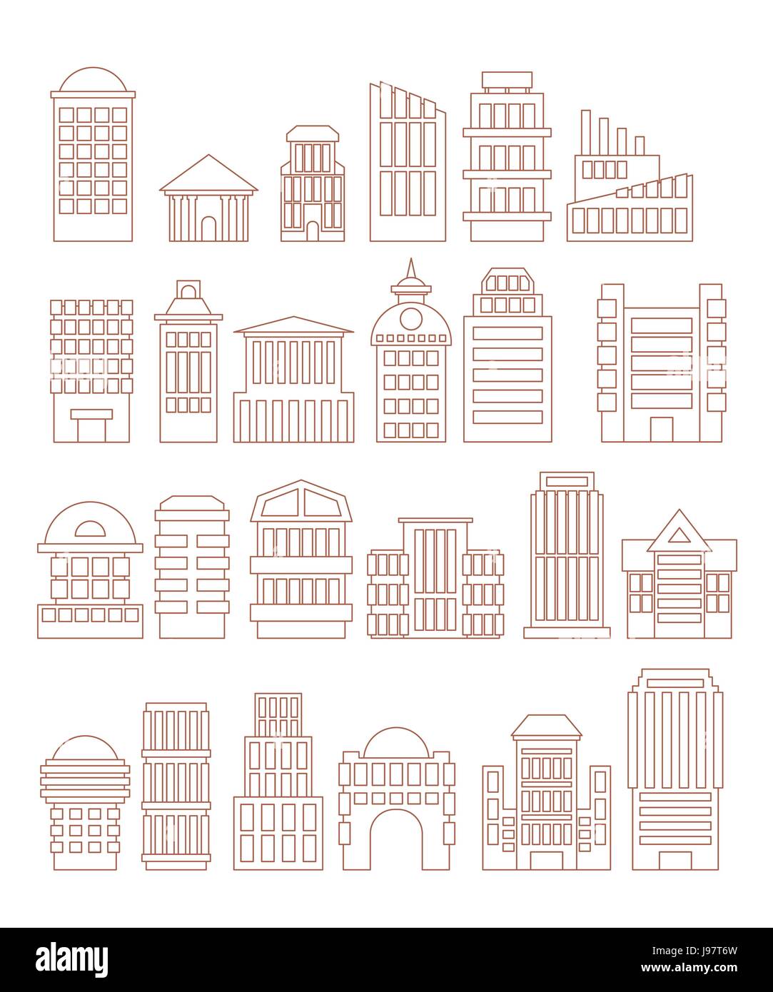 Set  buildings  icons. Public and administrative complexes. Large business centers. Skyscrapers and towers. Urban structure. Urban icons of lines. Ele Stock Vector