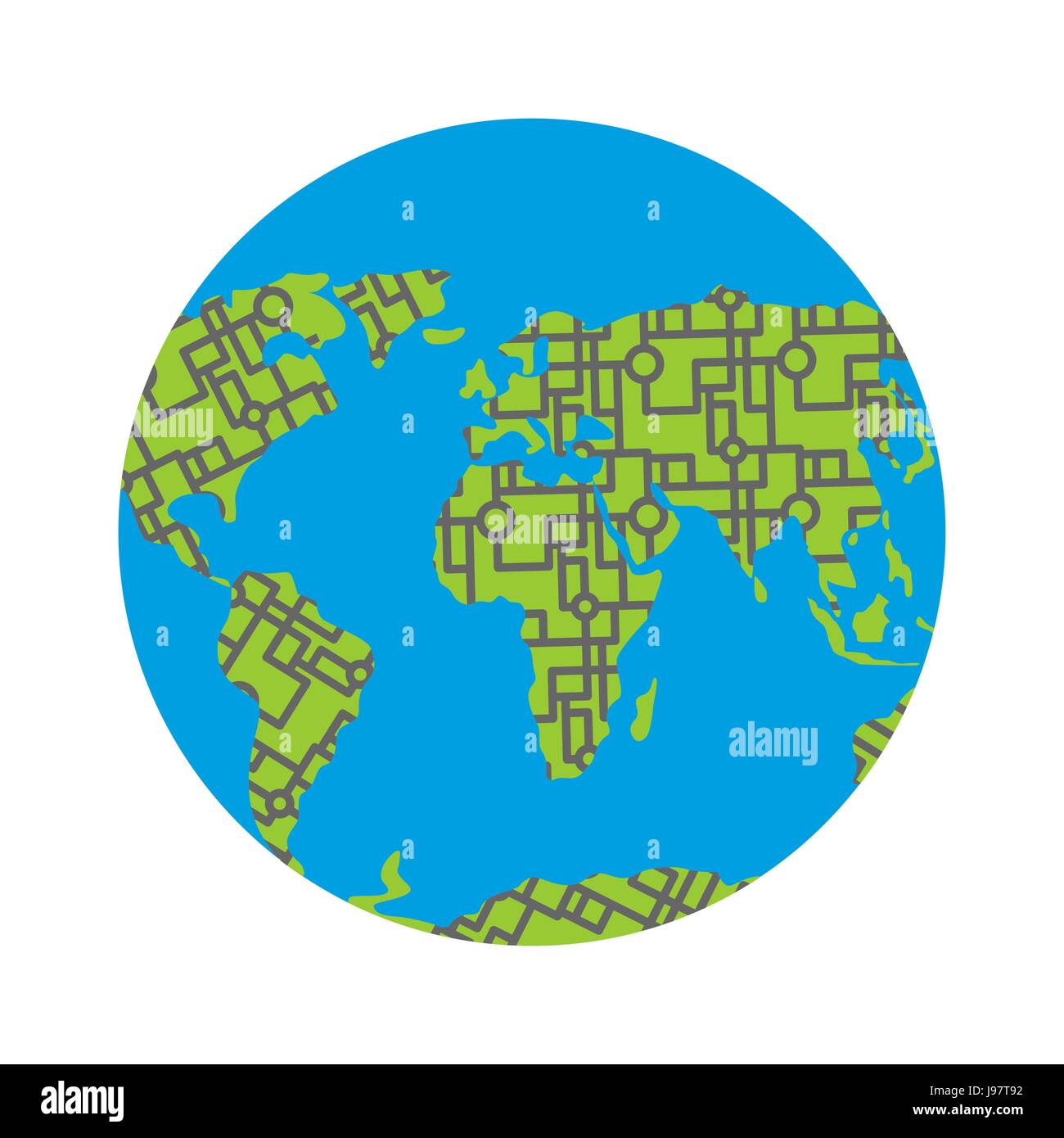 Urbanization earth. Roads have filled in all continents of  land. Highways around the world. Traffic jams in cities. Concept Illustration pollution of Stock Vector