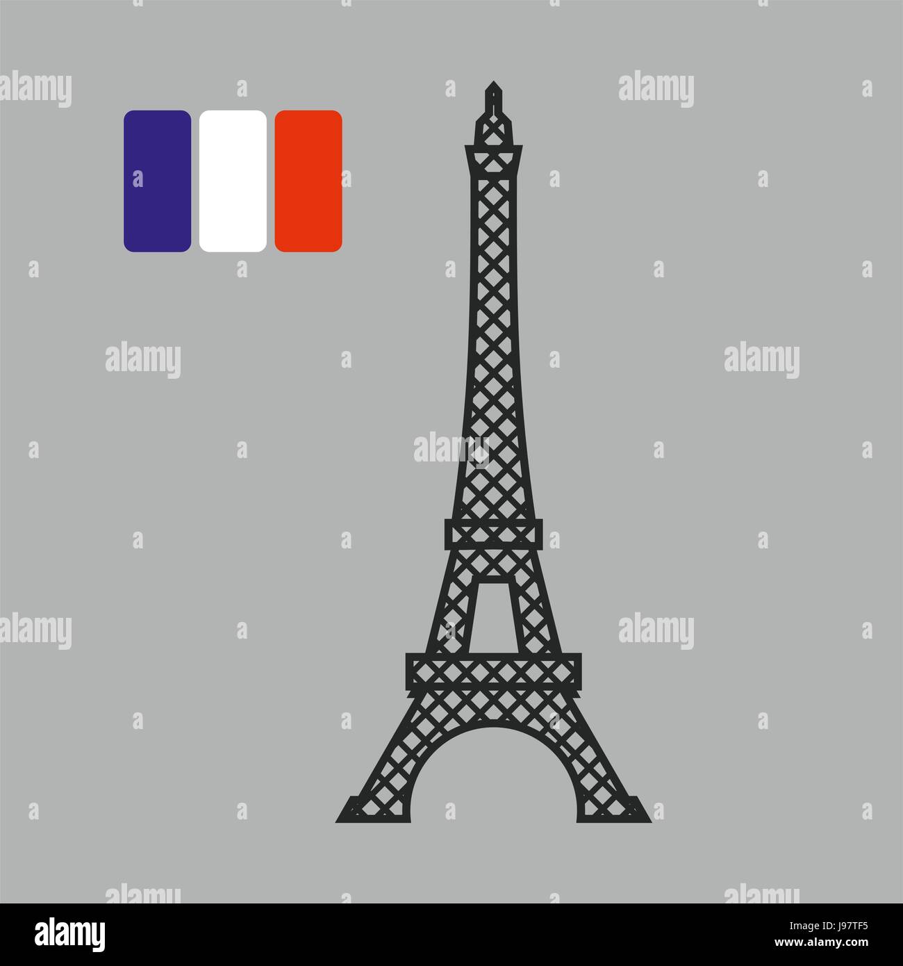 Eiffel Tower. Attraction of Paris. Vector illustration. Fflag of France on gray background. Stock Vector