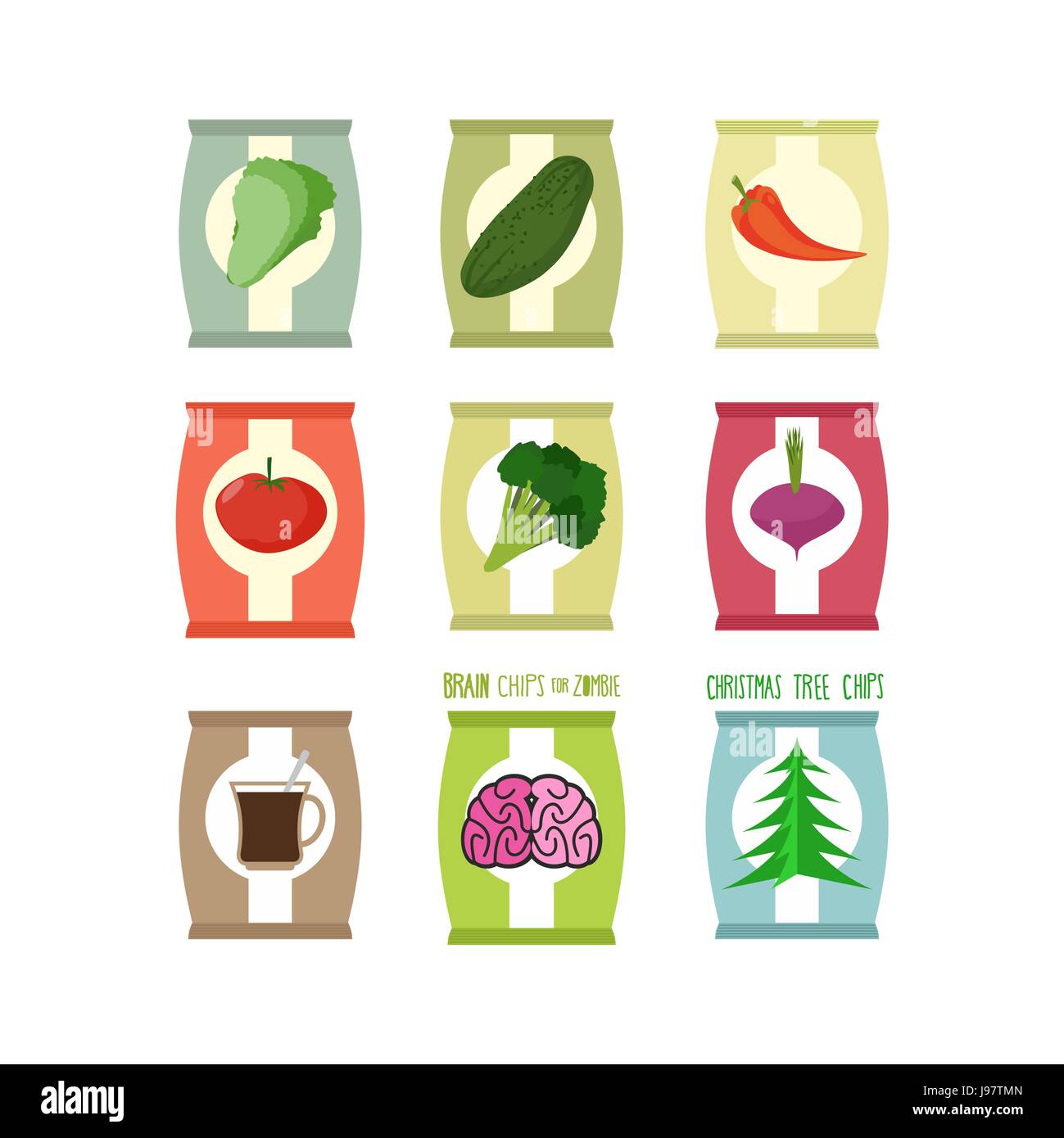 Set  packs chips. Packaging unusual flavour: coffee and brain, cucumbe and broccoli. Chips especially for zombies. Chips for new year Christmas tree w Stock Vector