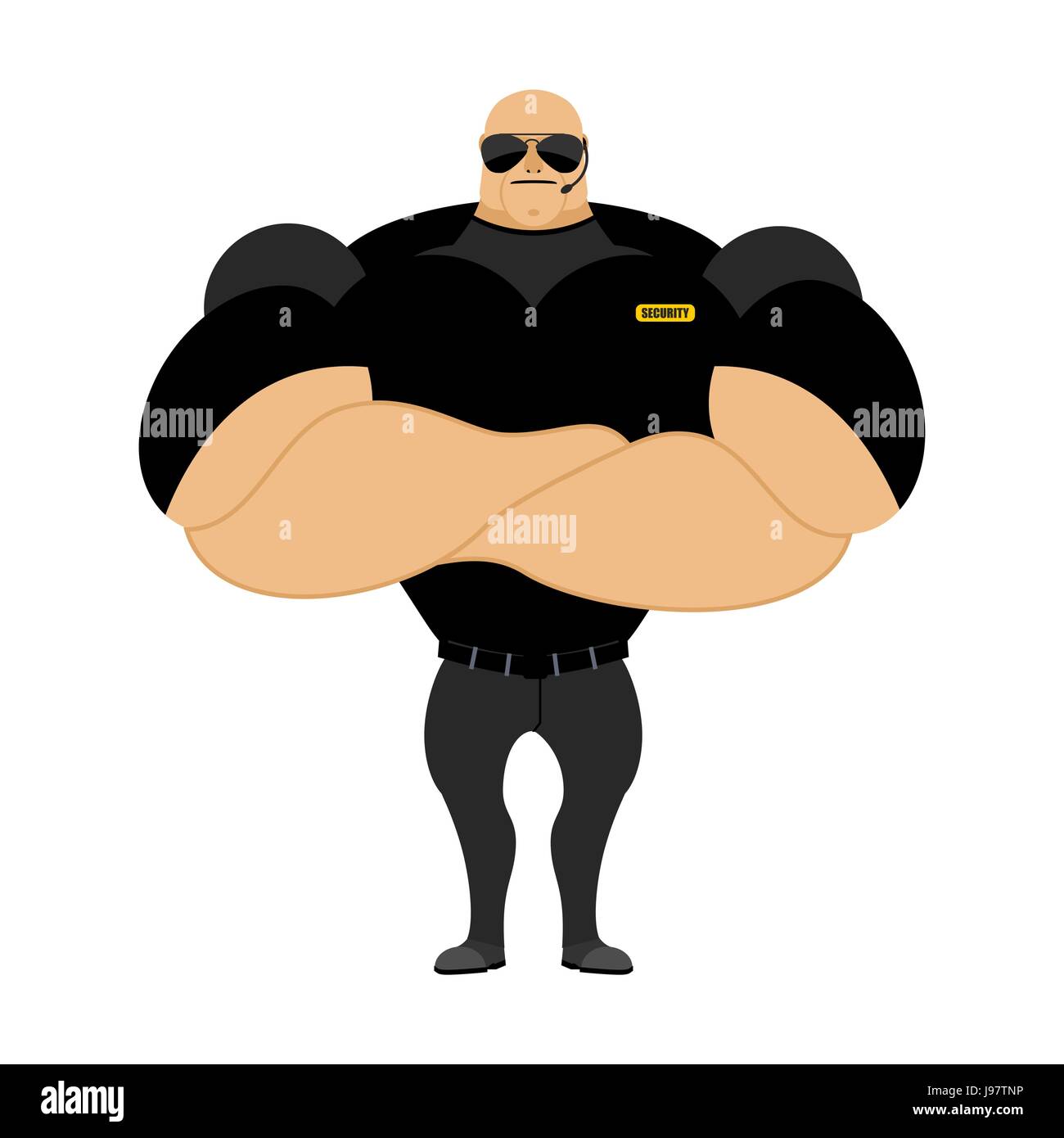 Big and strong security guard. Man with big muscles. Security guard nightclub. Athlete with big muscles in black t-shirt. Stock Vector