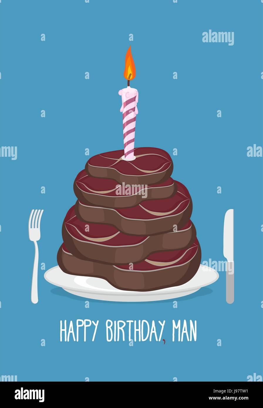 Cake cuts of meat. Happy birthday man. Delicious steaks. Congratulation