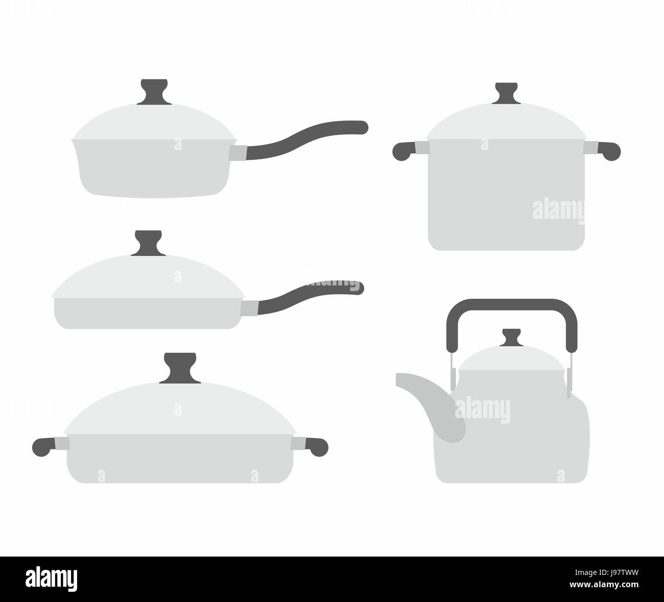 Set  kitchen utensils: frying pan and saucepan. Tea and roaster. Kitchen tools vector illustration Stock Vector