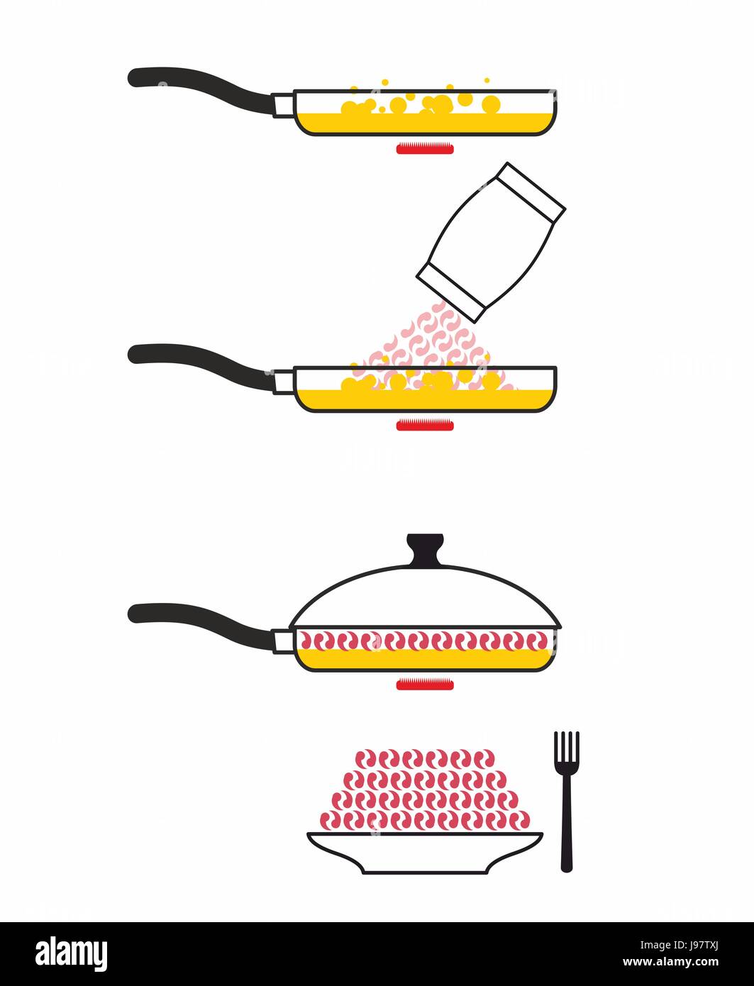 Instructions cooking fried shrimp. Pan fry seafood. Manual prescription food. Vector illustration Stock Vector