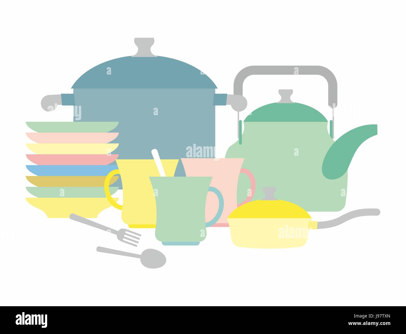 Kitchen utensils. Kettle and mugs. Set of plates. Vector illustration. Stock Vector