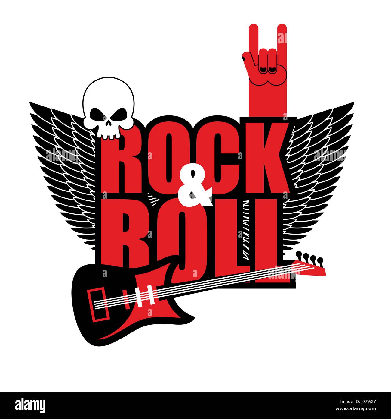 Rock and roll logo. Electric guitar and skull. Logo for lovers of rock music. Template logo for Rock Festival. Stock Vector