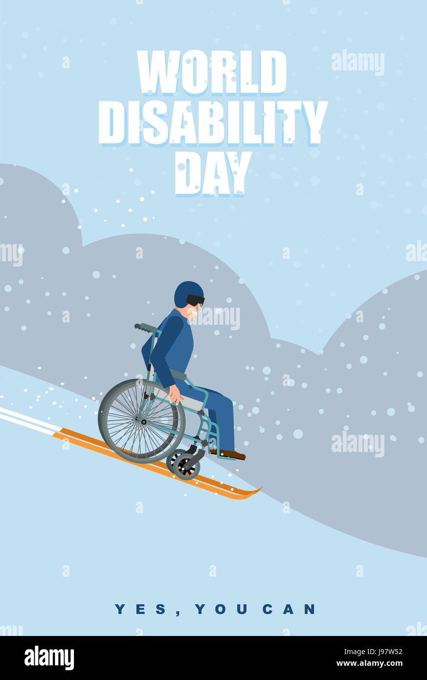 World Disabilities day. Man in wheelchair goes to skiing down mountain