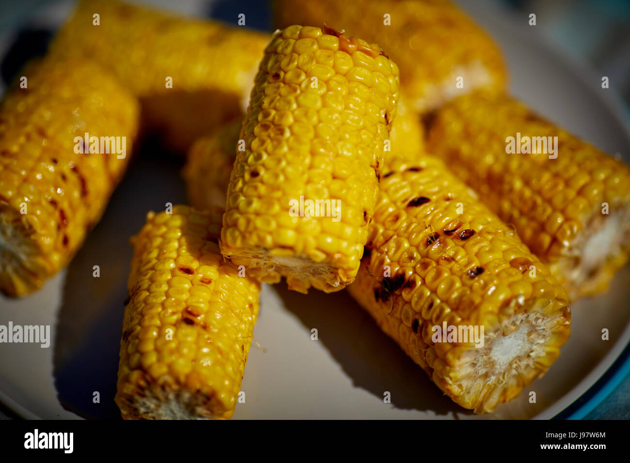 Traditional picnic food, with healthy options. corn on the cob Stock Photo