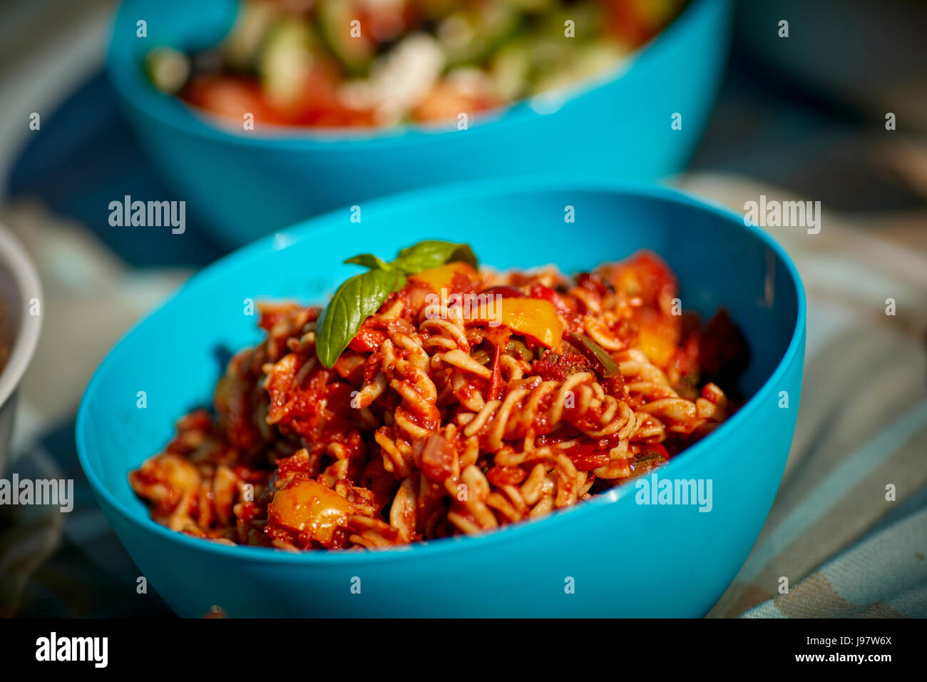 Traditional picnic food, with pasta in a bowl Stock Photo Alamy
