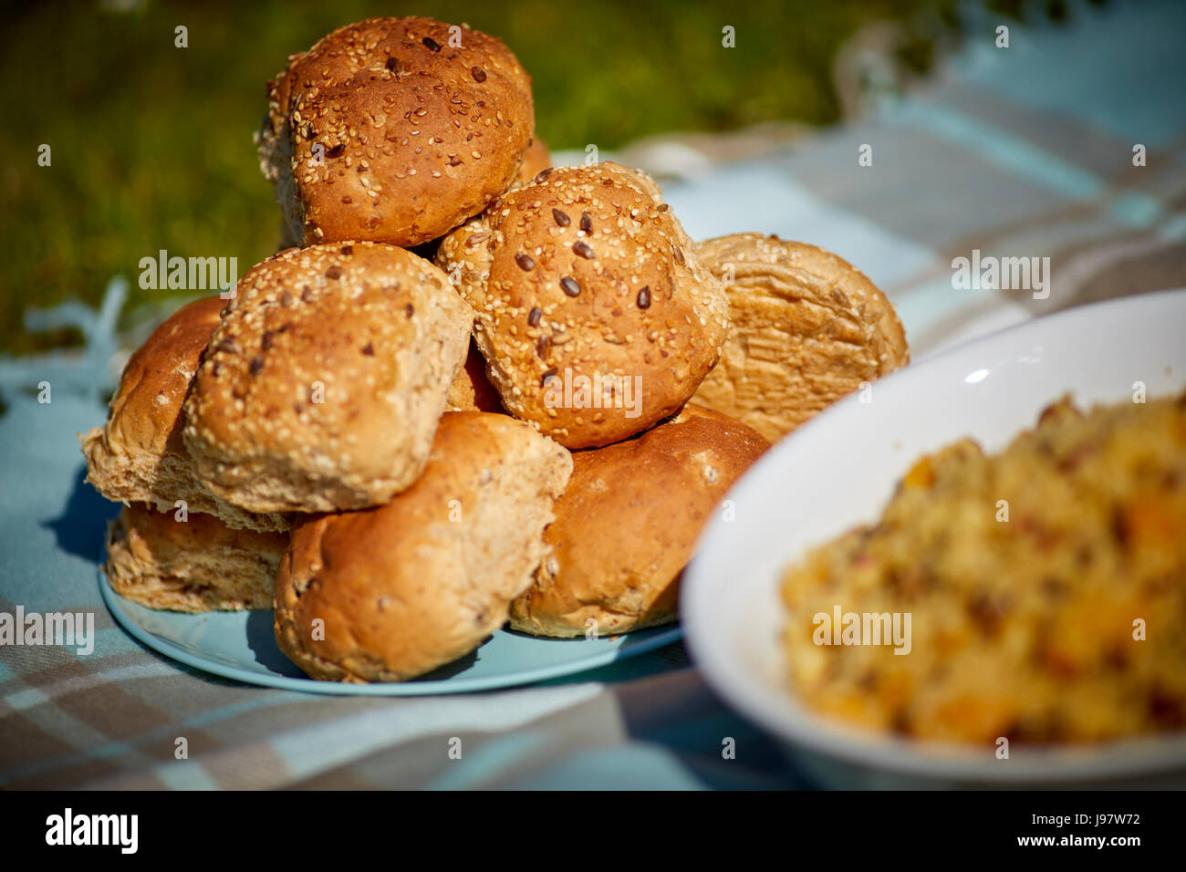 Traditional picnic food, with bread rolls Stock Photo
