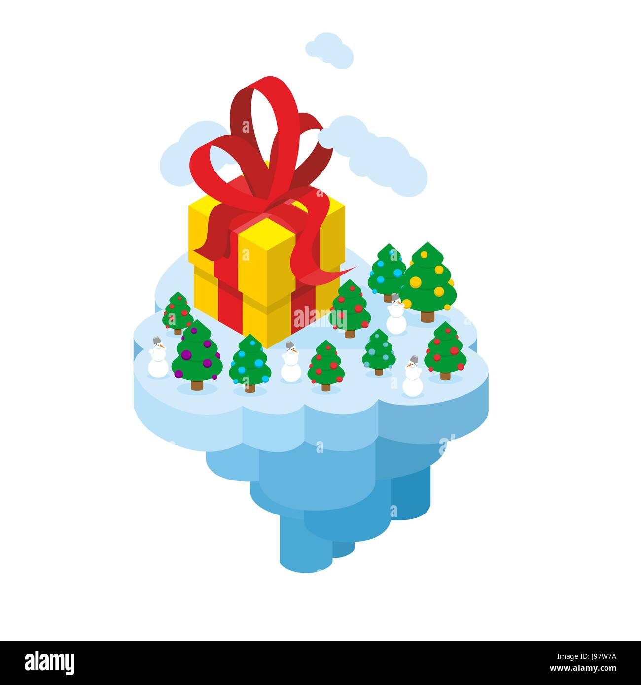 Flying Christmas Island. Gift and Christmas tree for fantastic earth. Part of land flies in  air. Snowman and big box gift. New year illustration. Stock Vector