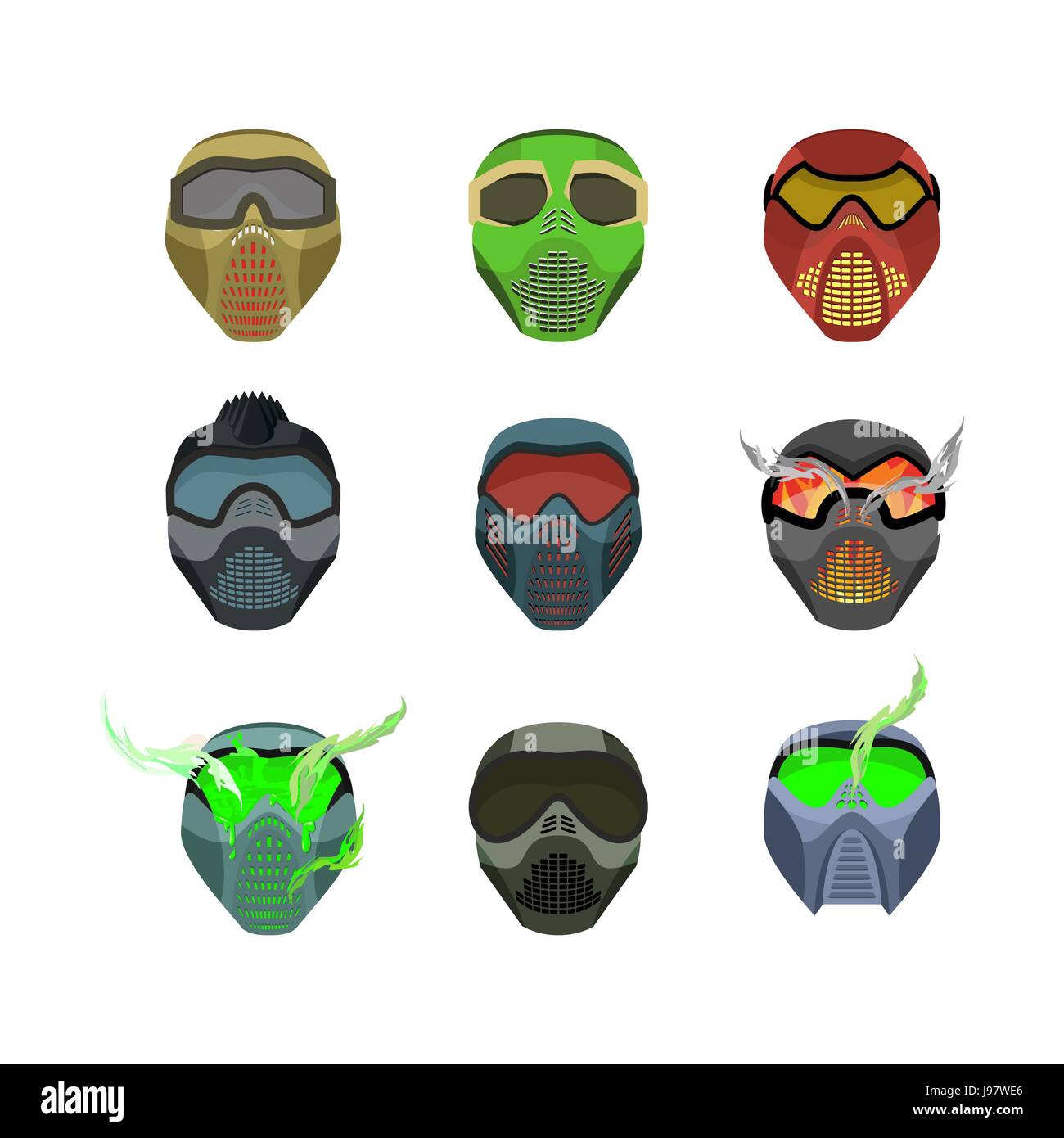 Set helmets and masks for sports. Devilish horrible masks. Scary Helmets for Paintball and motorcycle racing. Vector illustration Stock Vector