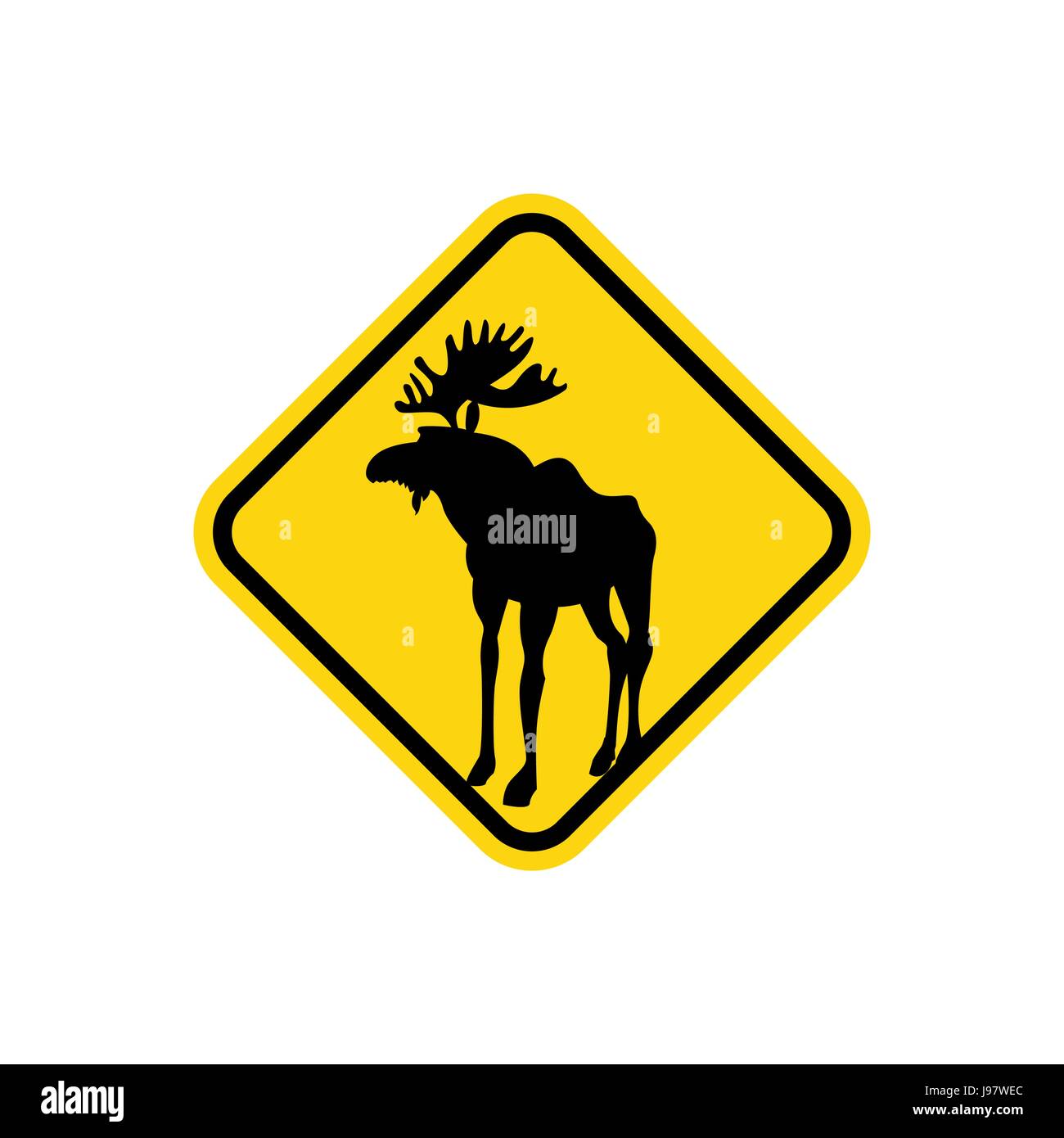 Road sign yellow deer, Moose. Vector pointer Attention animal. Wild animal may be on  road. Stock Vector