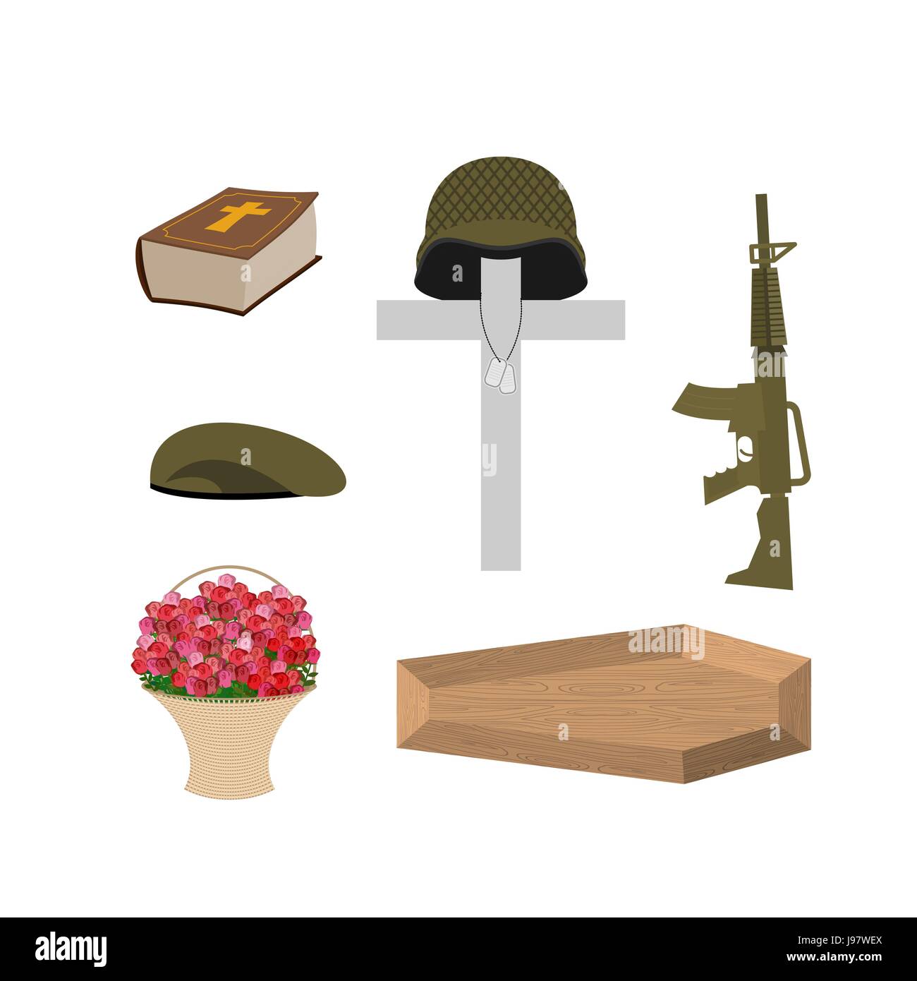 Death of a military veteran. Soldier funeral Accessories: machine gun and soldiers badge. Cross, coffin and Bible. Big basket of red roses. Vector set Stock Vector