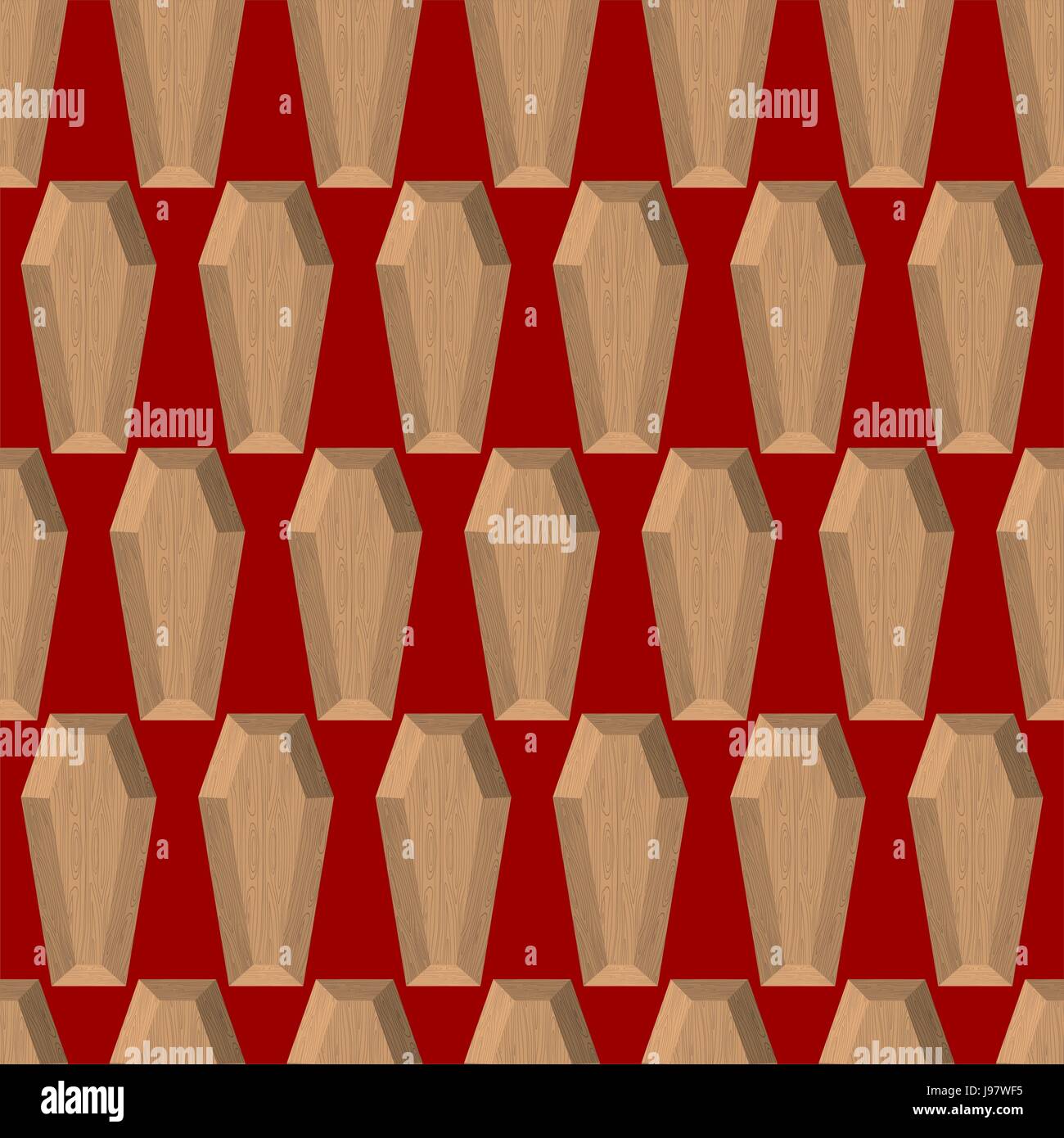 Coffins seamless pattern on a red background. Wooden coffin. Vector background cemetery. Stock Vector